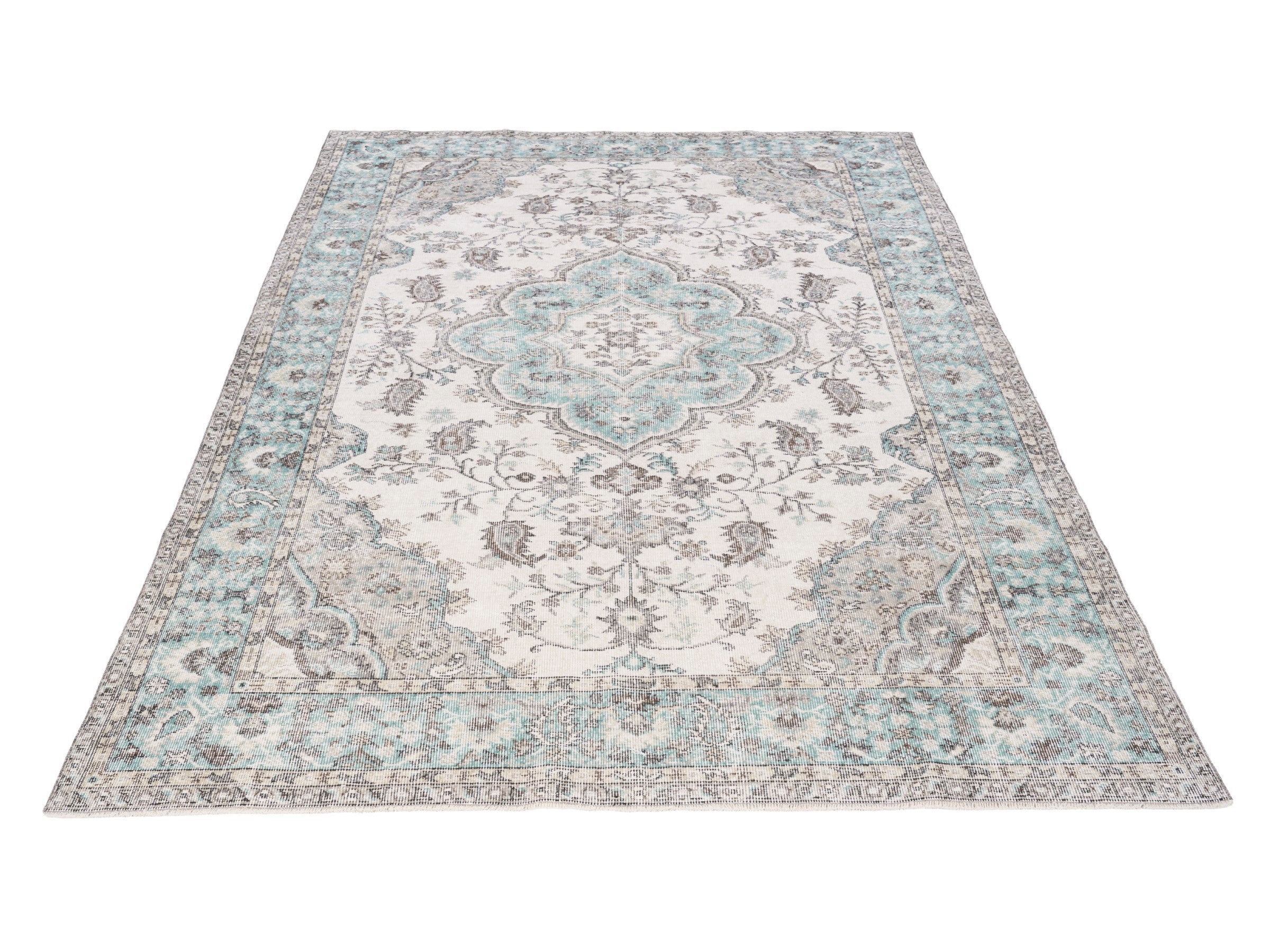 Turkish Isparta area rug in cream and teal, view 2 of 10