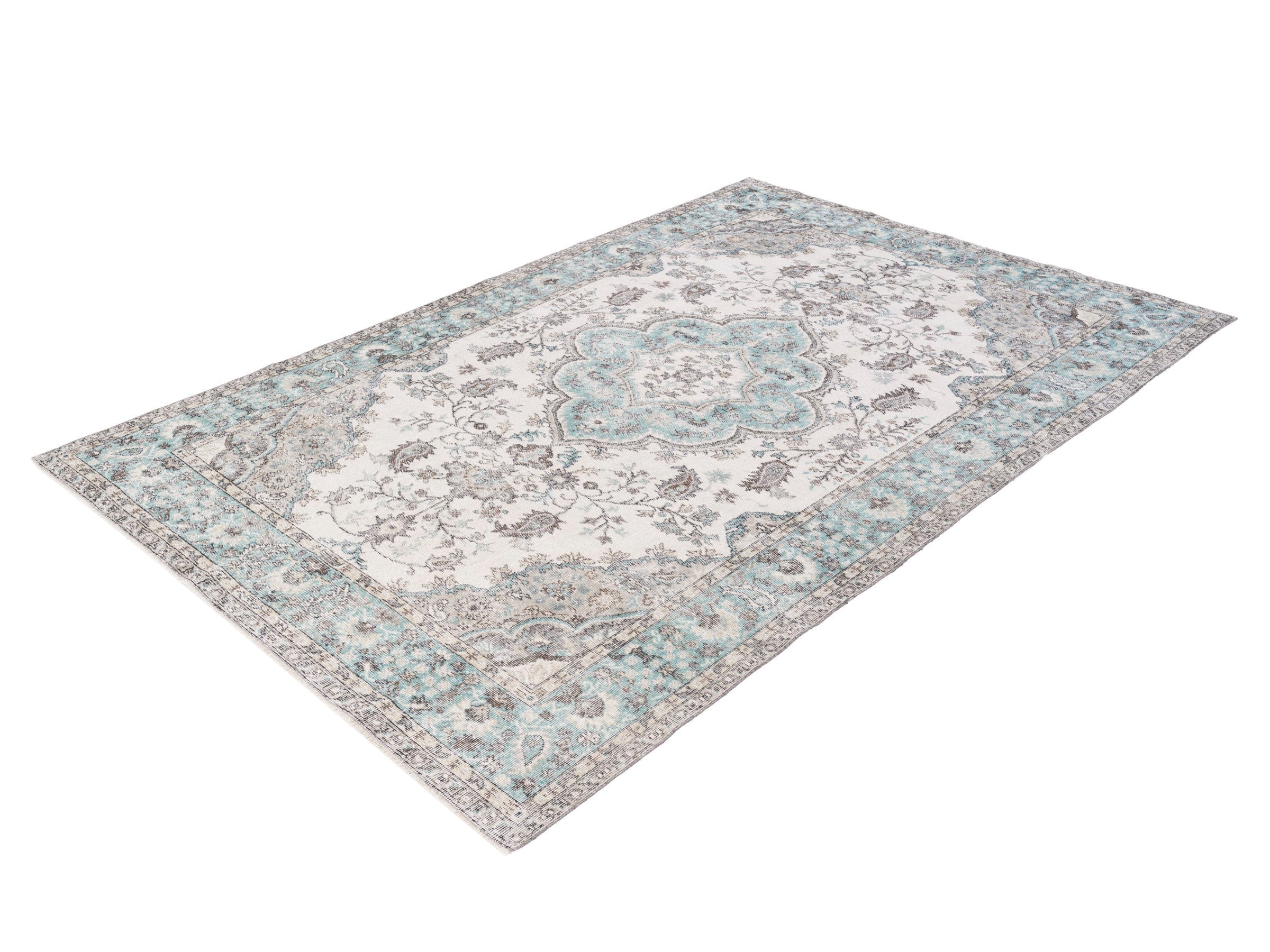 Turkish Isparta area rug in cream and teal, view 3 of 10