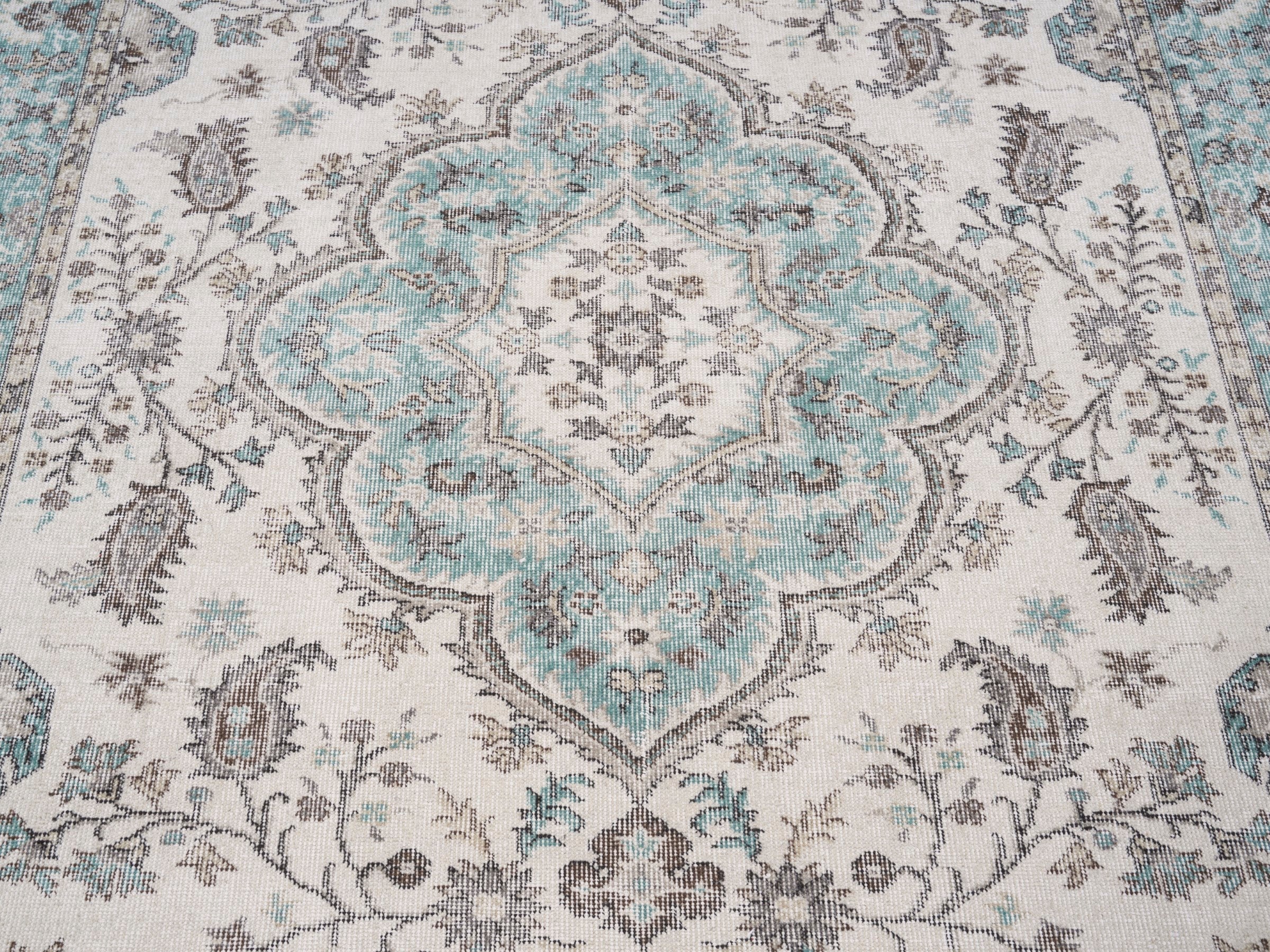 Turkish Isparta area rug in cream and teal, view 4 of 10
