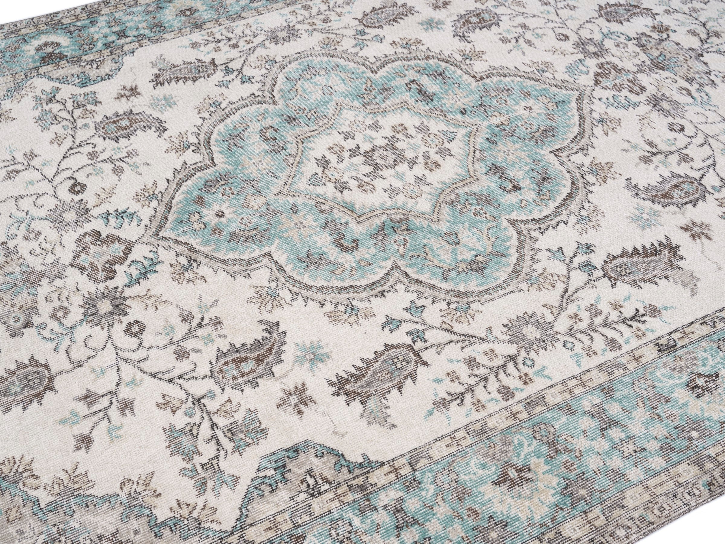 Turkish Isparta area rug in cream and teal, view 5 of 10
