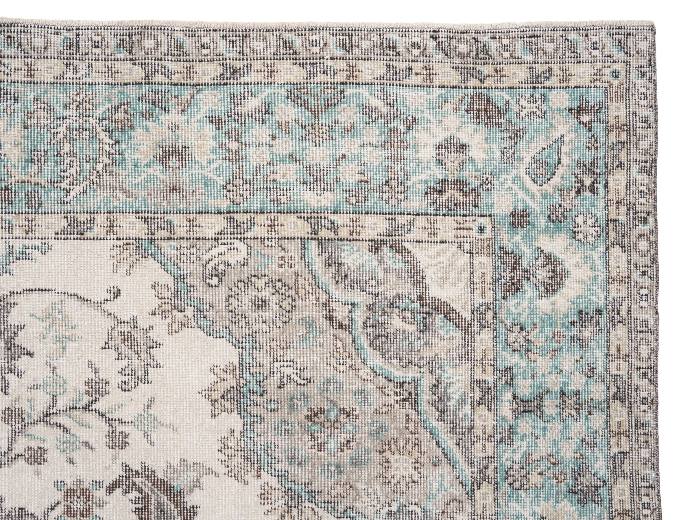 Turkish Isparta area rug in cream and teal, view 8 of 10