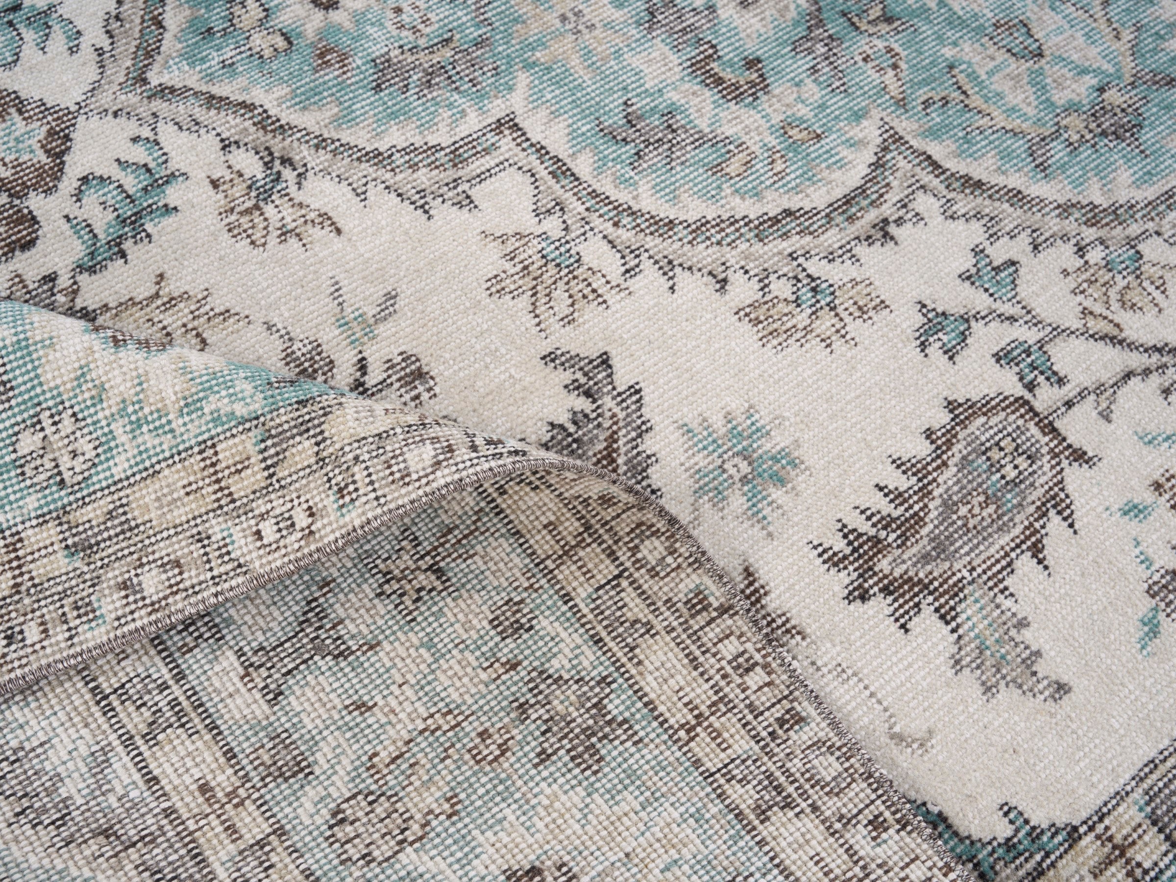 Turkish Isparta area rug in cream and teal, view 9 of 10