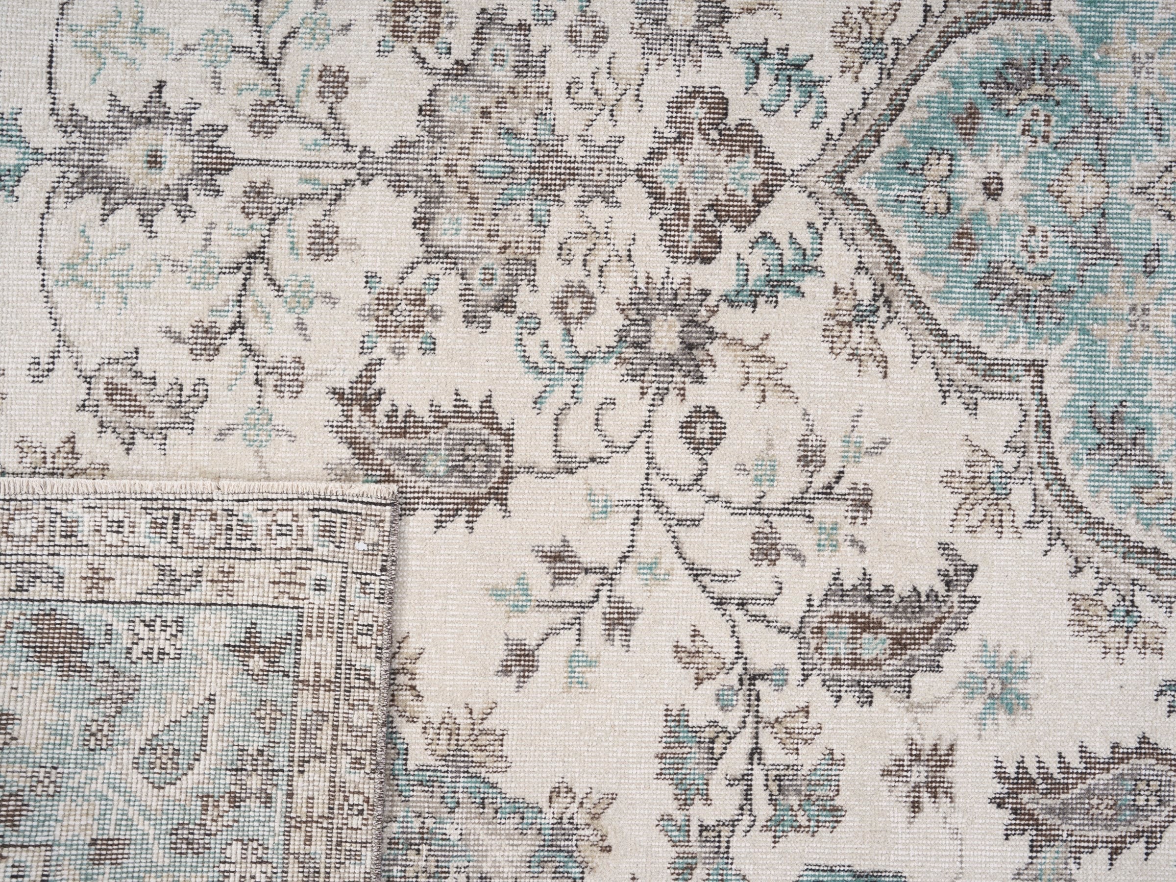Turkish Isparta area rug in cream and teal, view 10 of 10
