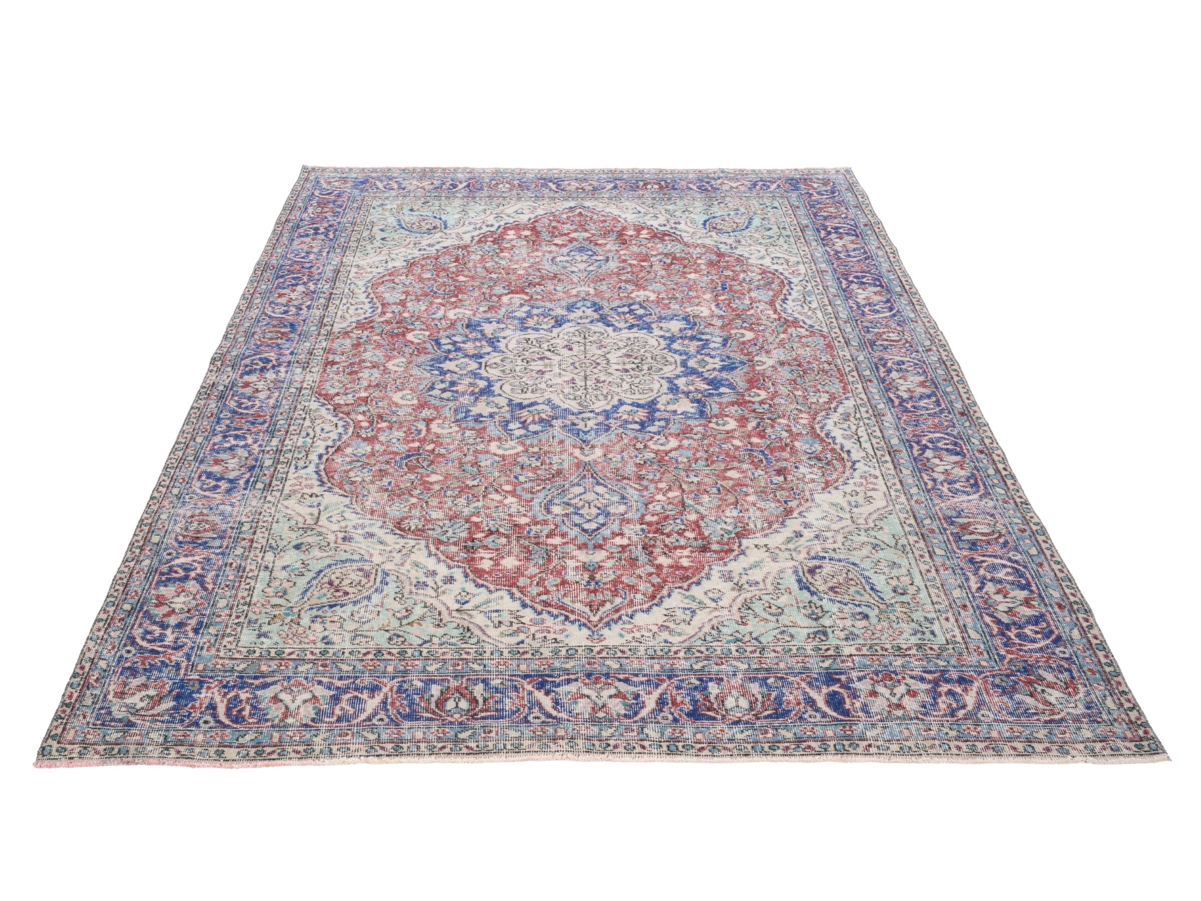 Turkish Isparta area rug in faded red and navy, view 2 of 10