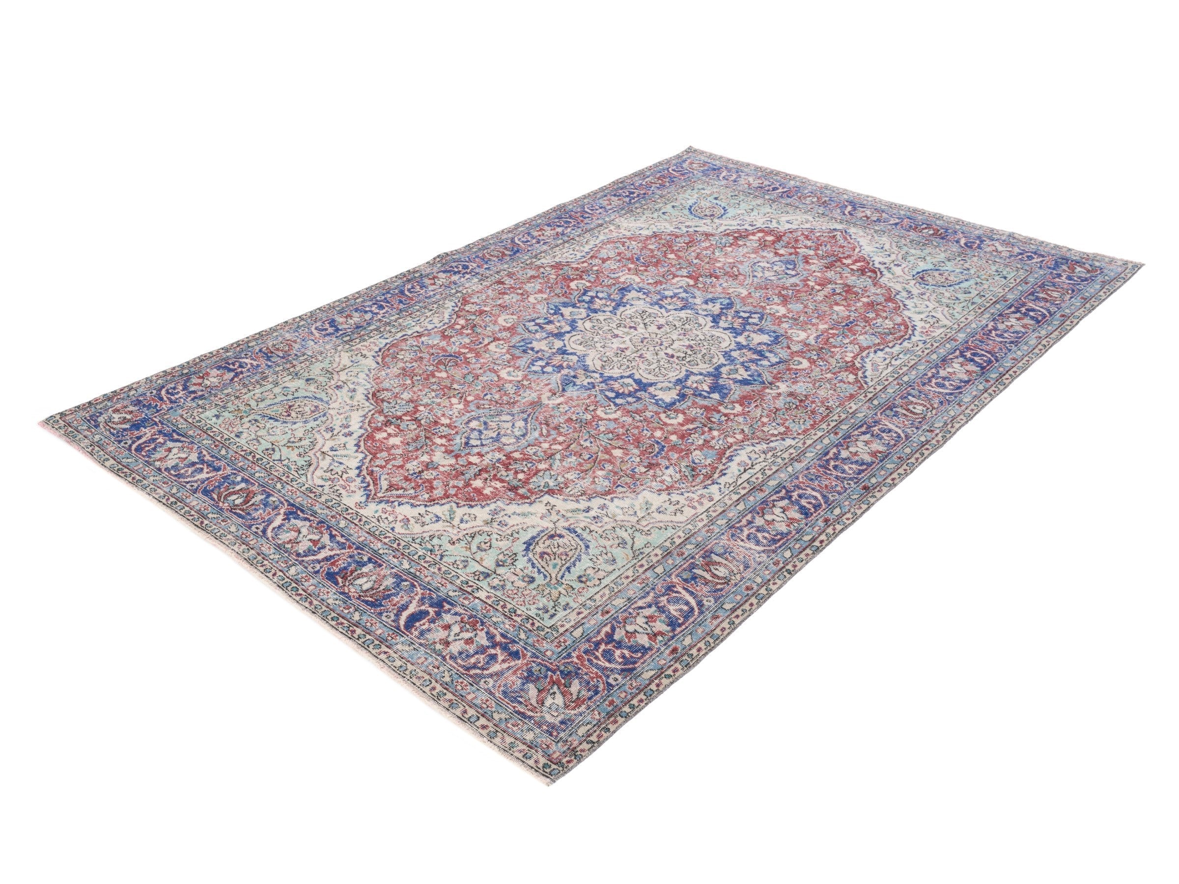 Turkish Isparta area rug in faded red and navy, view 3 of 10