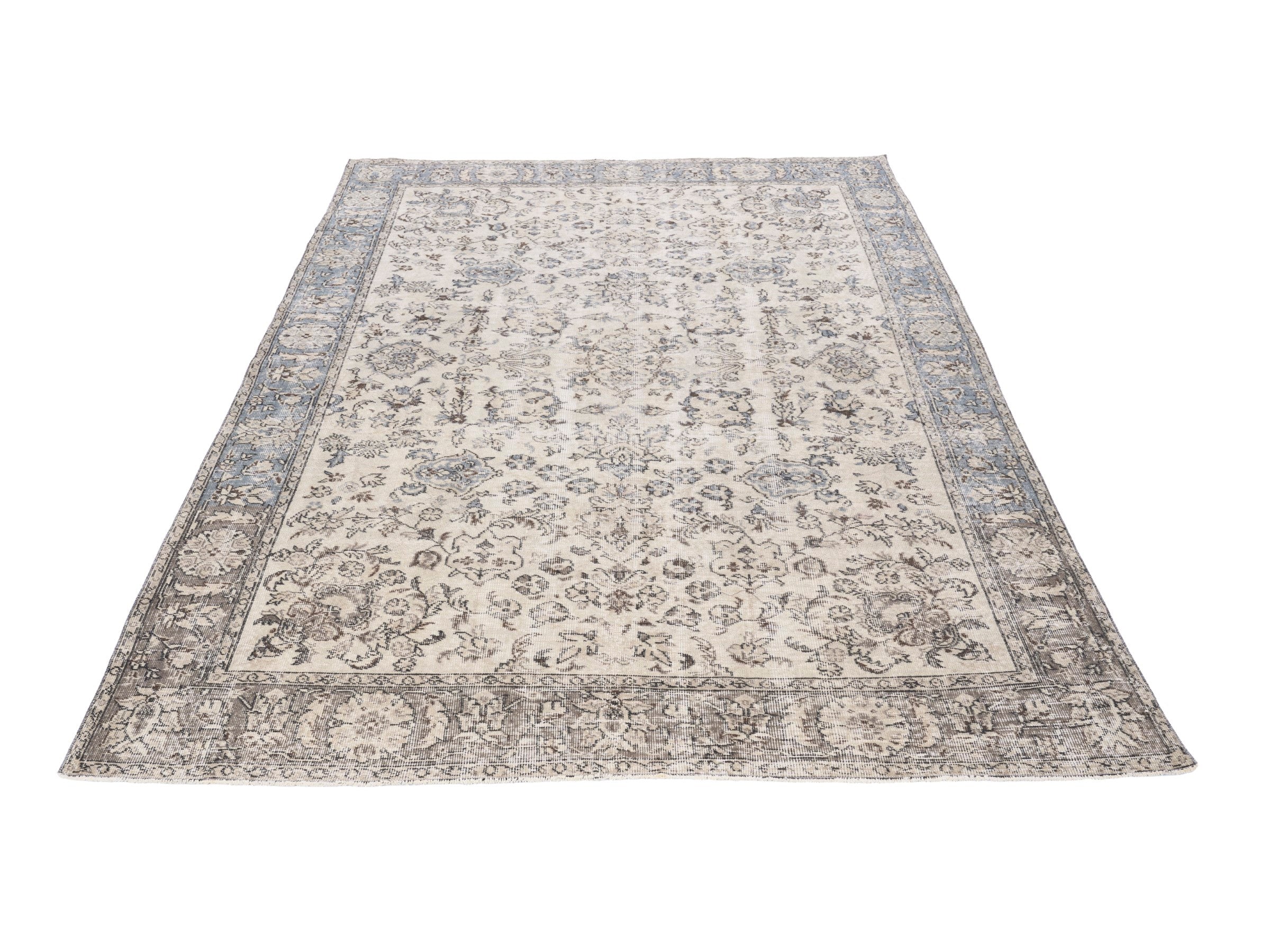 Turkish Isparta area rug in cream and dusty blue, view 2 of 10