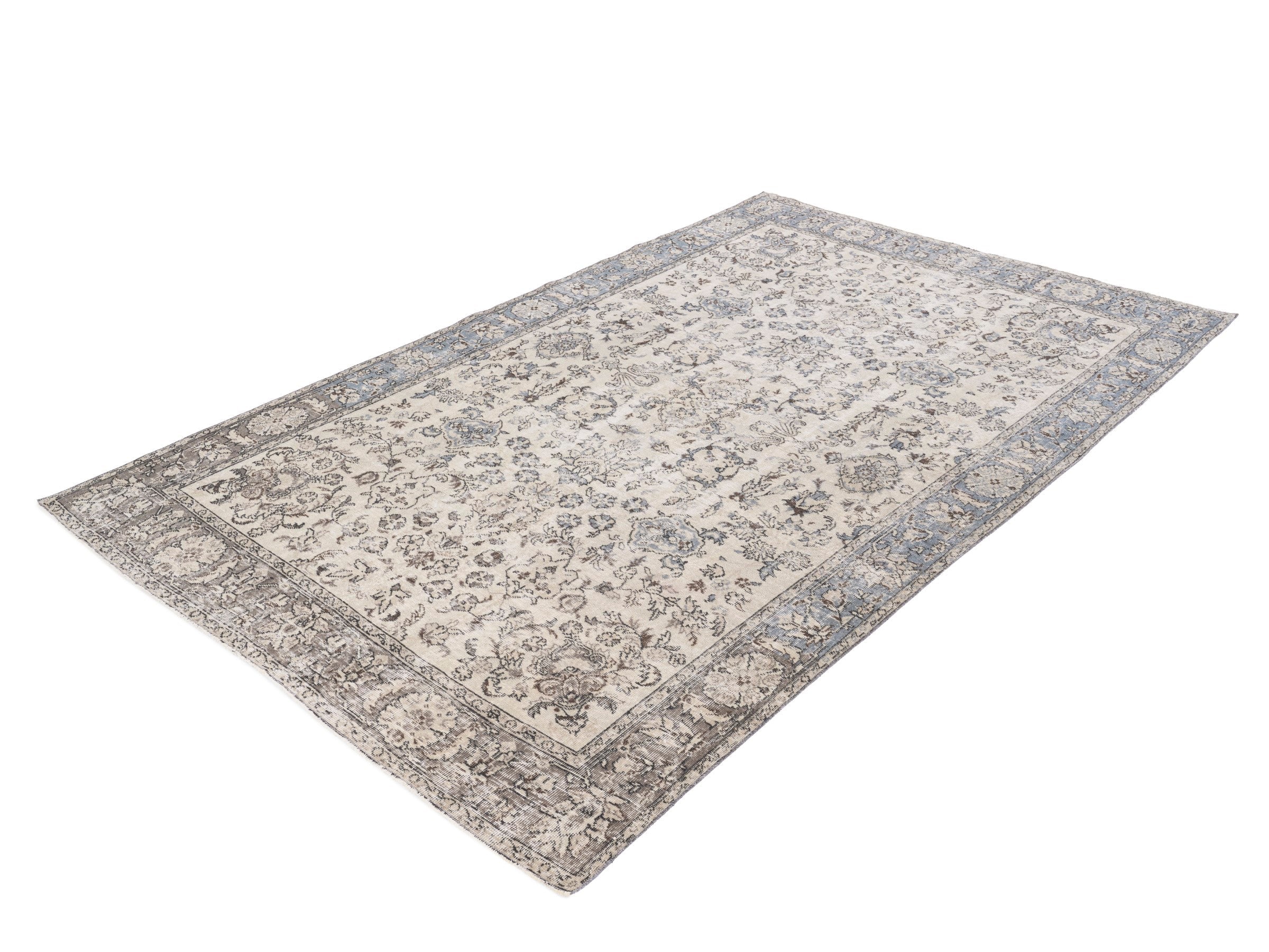 Turkish Isparta area rug in cream and dusty blue, view 3 of 10