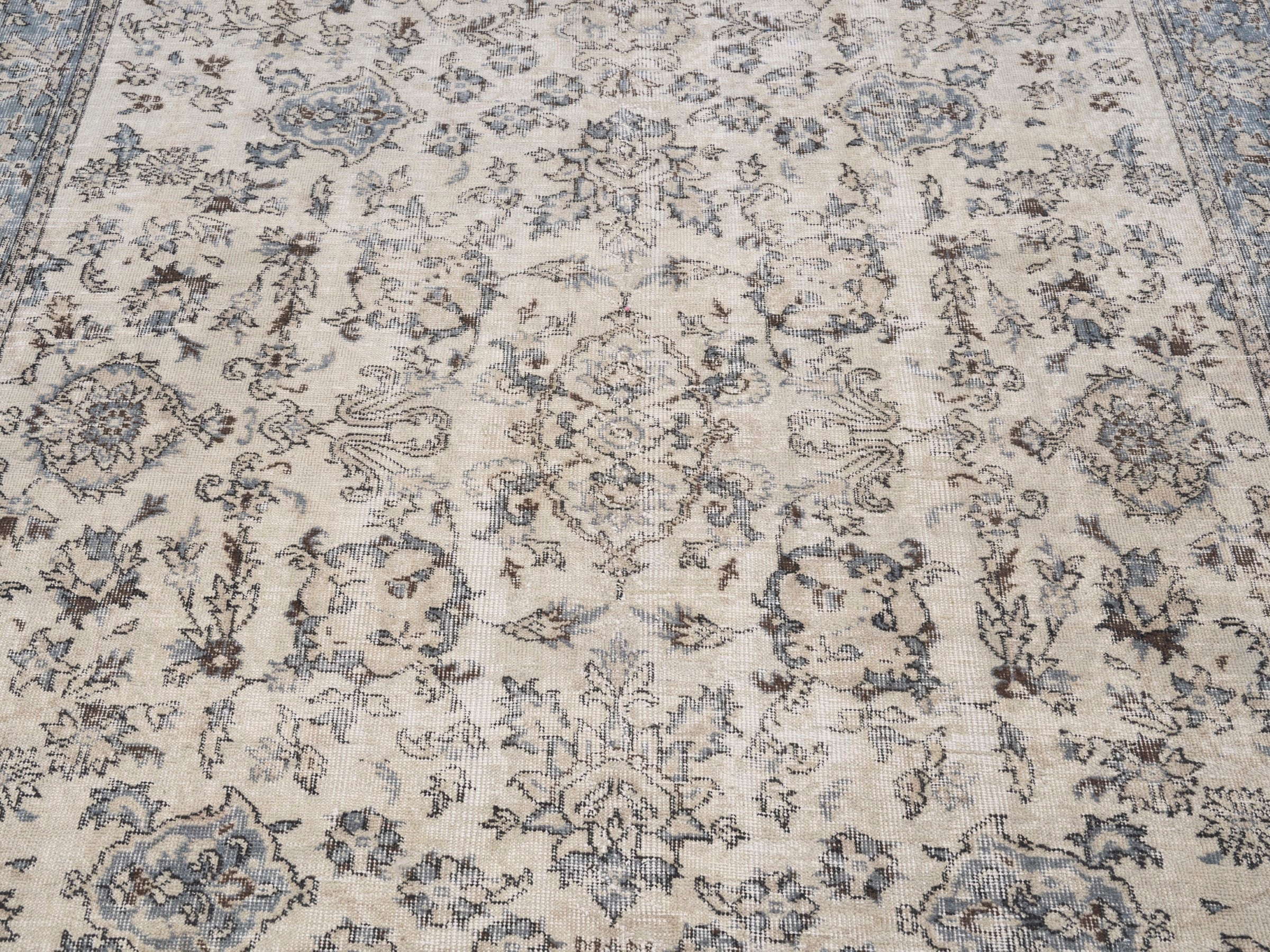 Turkish Isparta area rug in cream and dusty blue, view 4 of 10