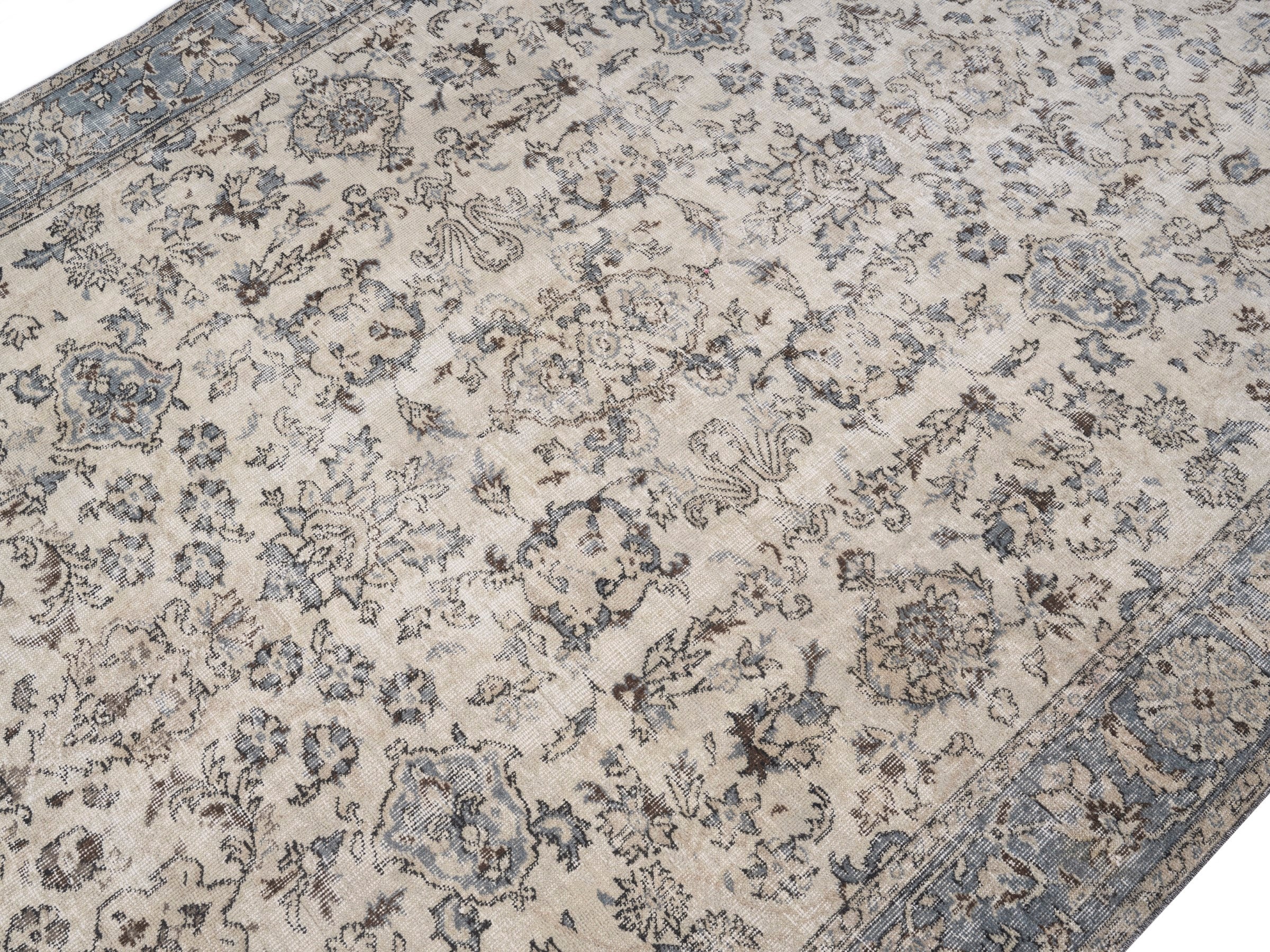 Turkish Isparta area rug in cream and dusty blue, view 5 of 10