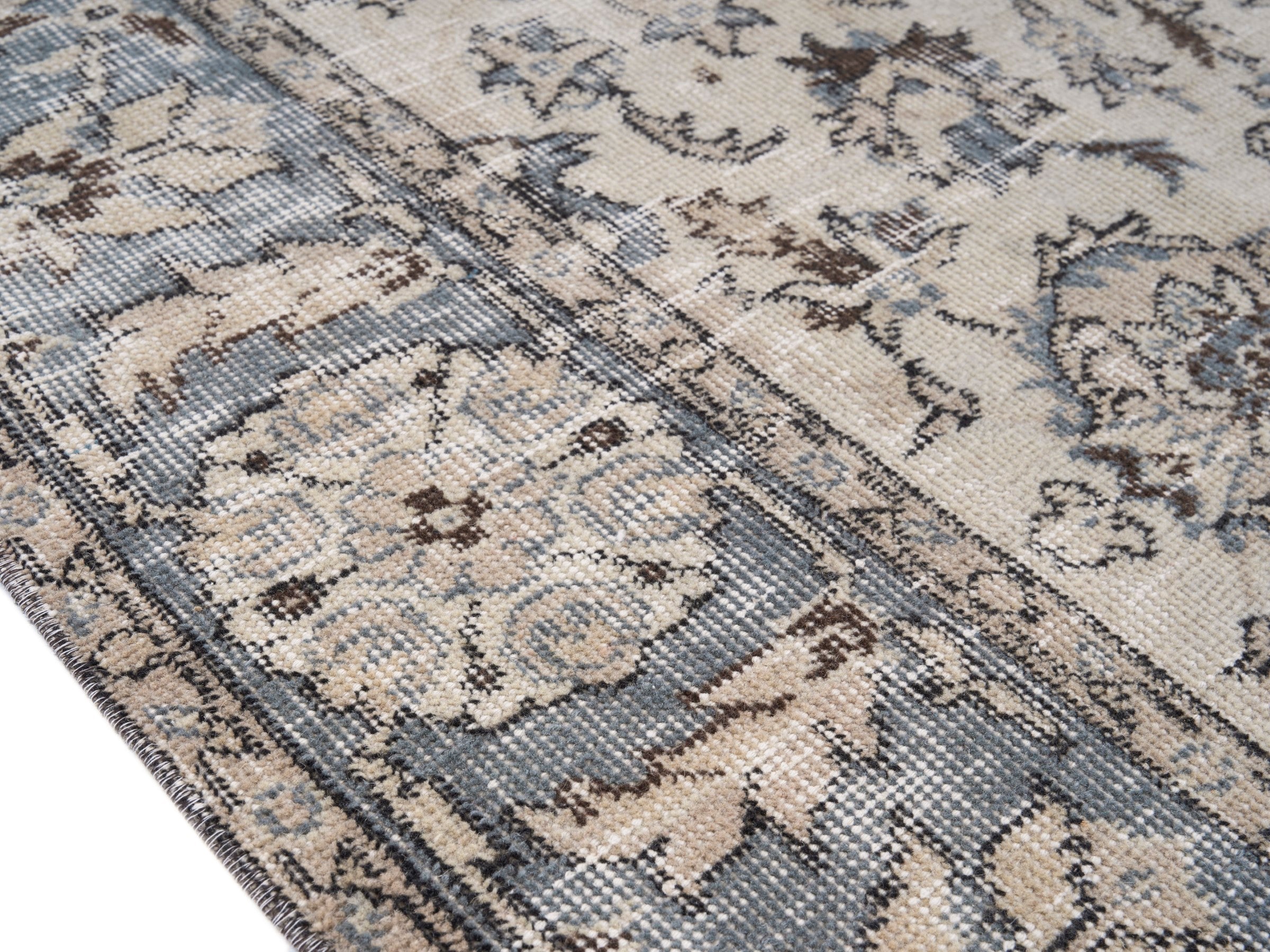 Turkish Isparta area rug in cream and dusty blue, view 6 of 10