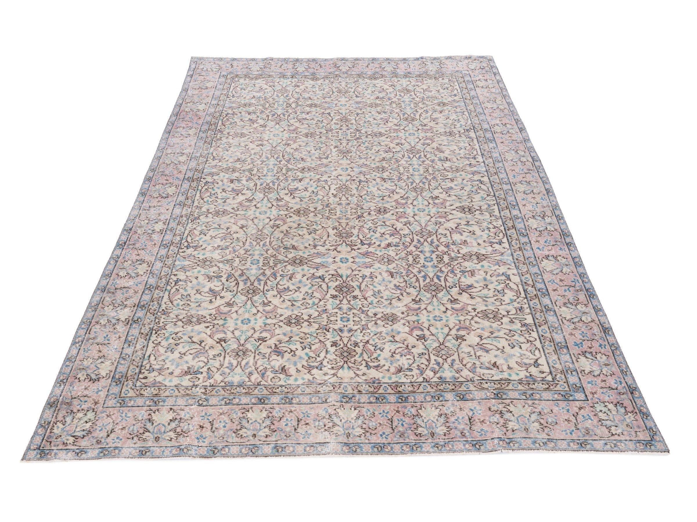 Turkish Isparta area rug in ivory and muted pink, view 2 of 10