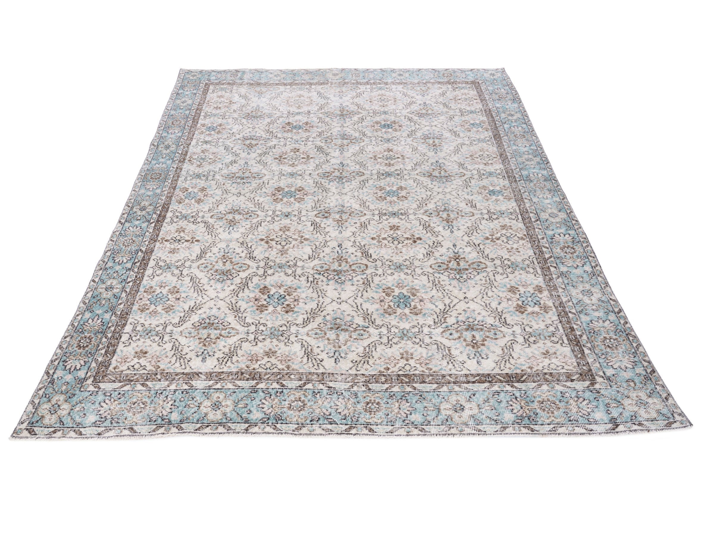 Turkish Isparta area rug in ivory and dusty blue, view 2 of 10
