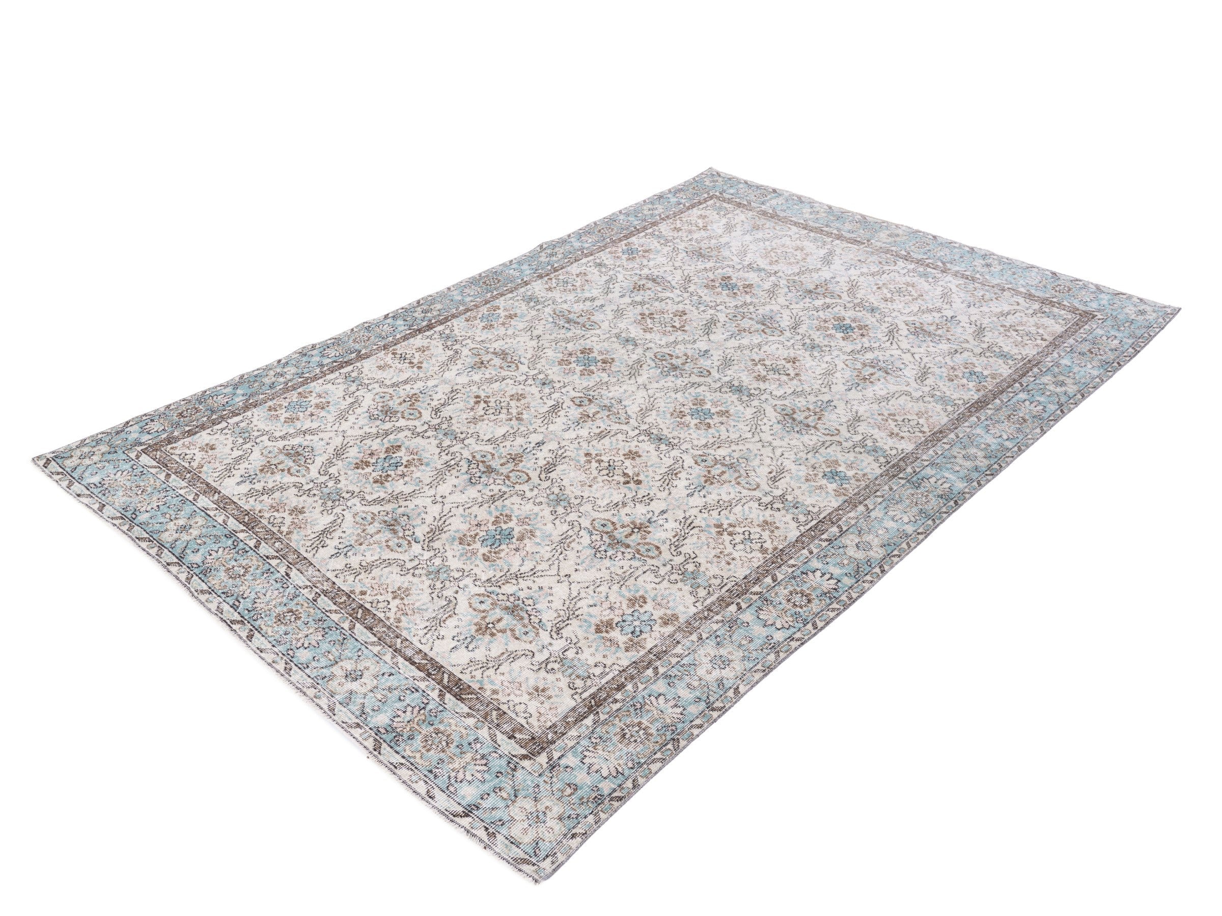 Turkish Isparta area rug in ivory and dusty blue, view 3 of 10