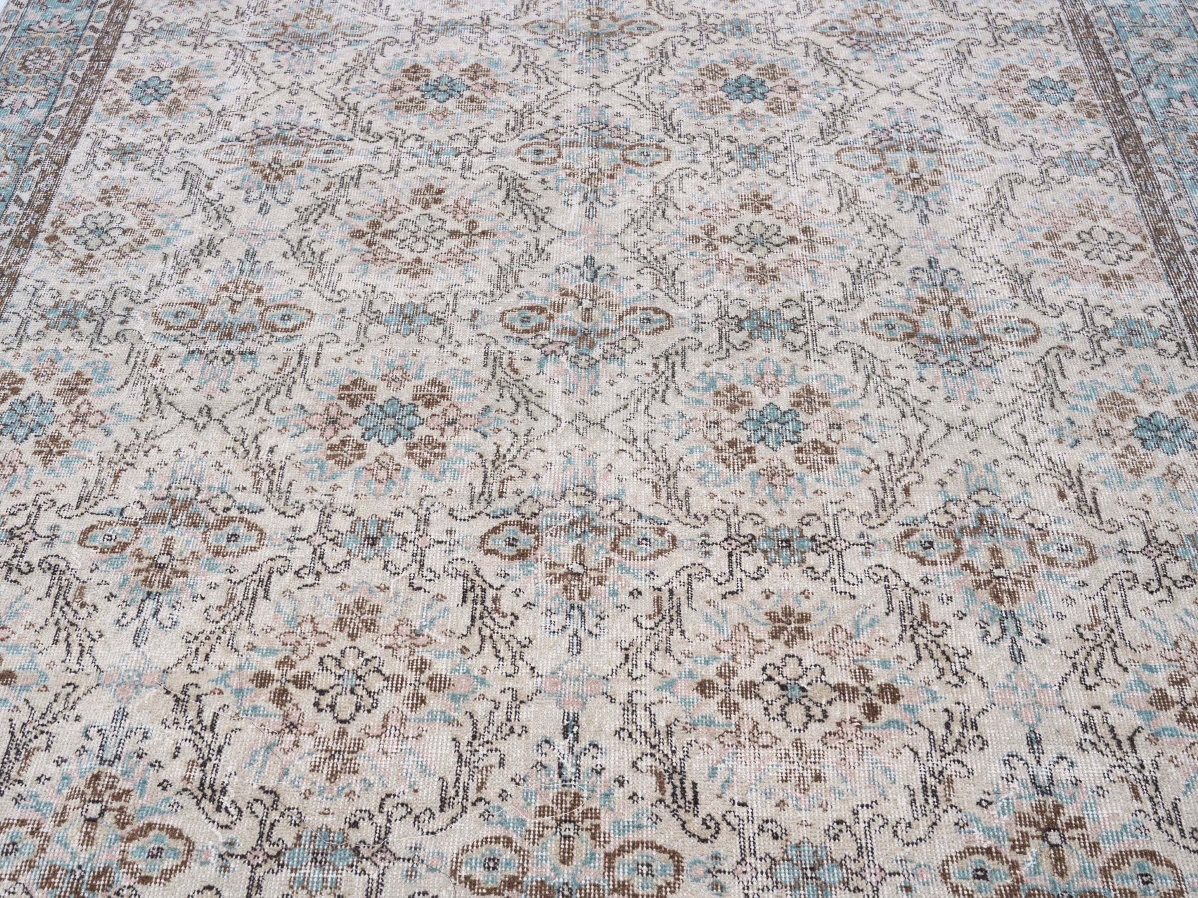 Turkish Isparta area rug in ivory and dusty blue, view 4 of 10