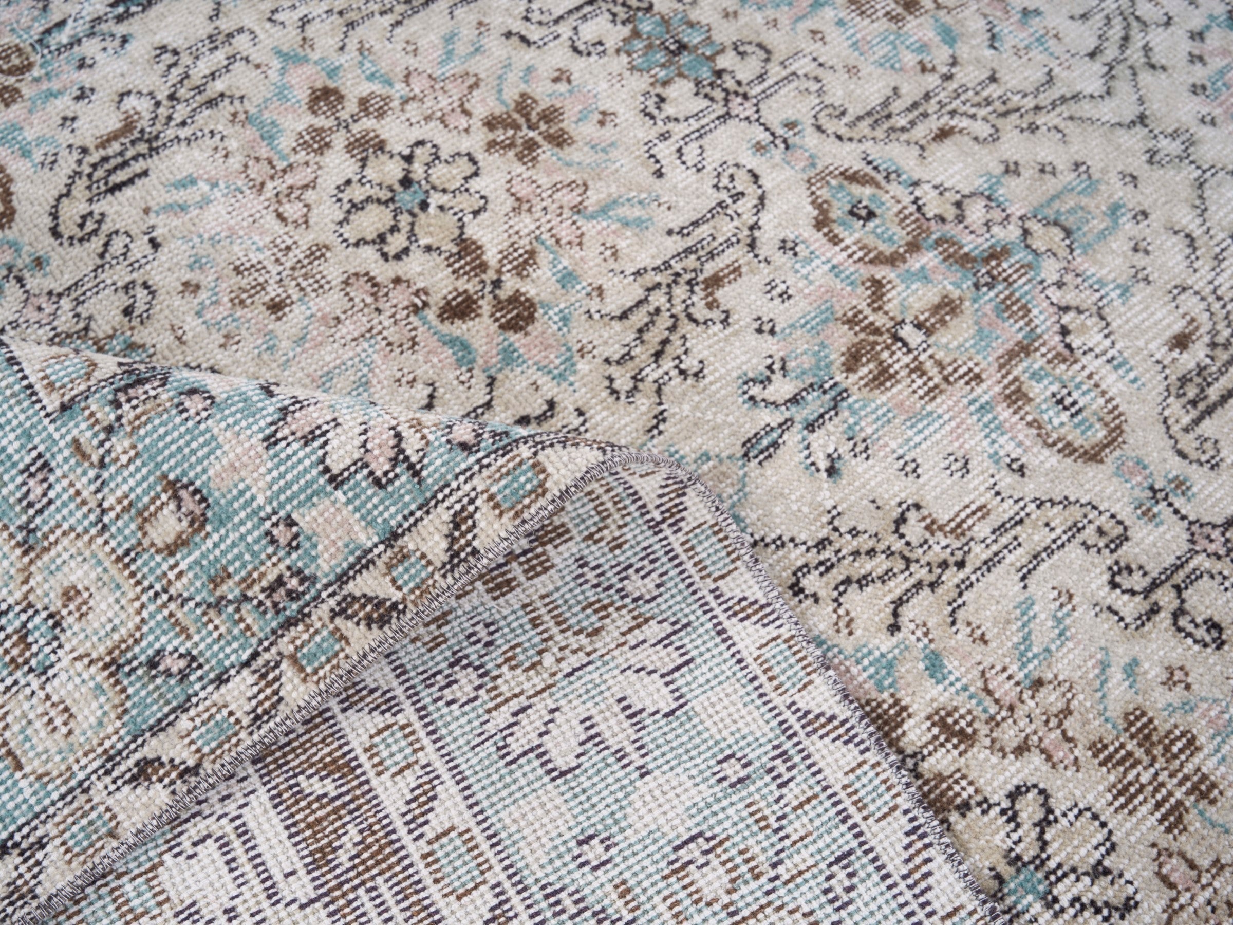 Turkish Isparta area rug in ivory and dusty blue, view 8 of 10