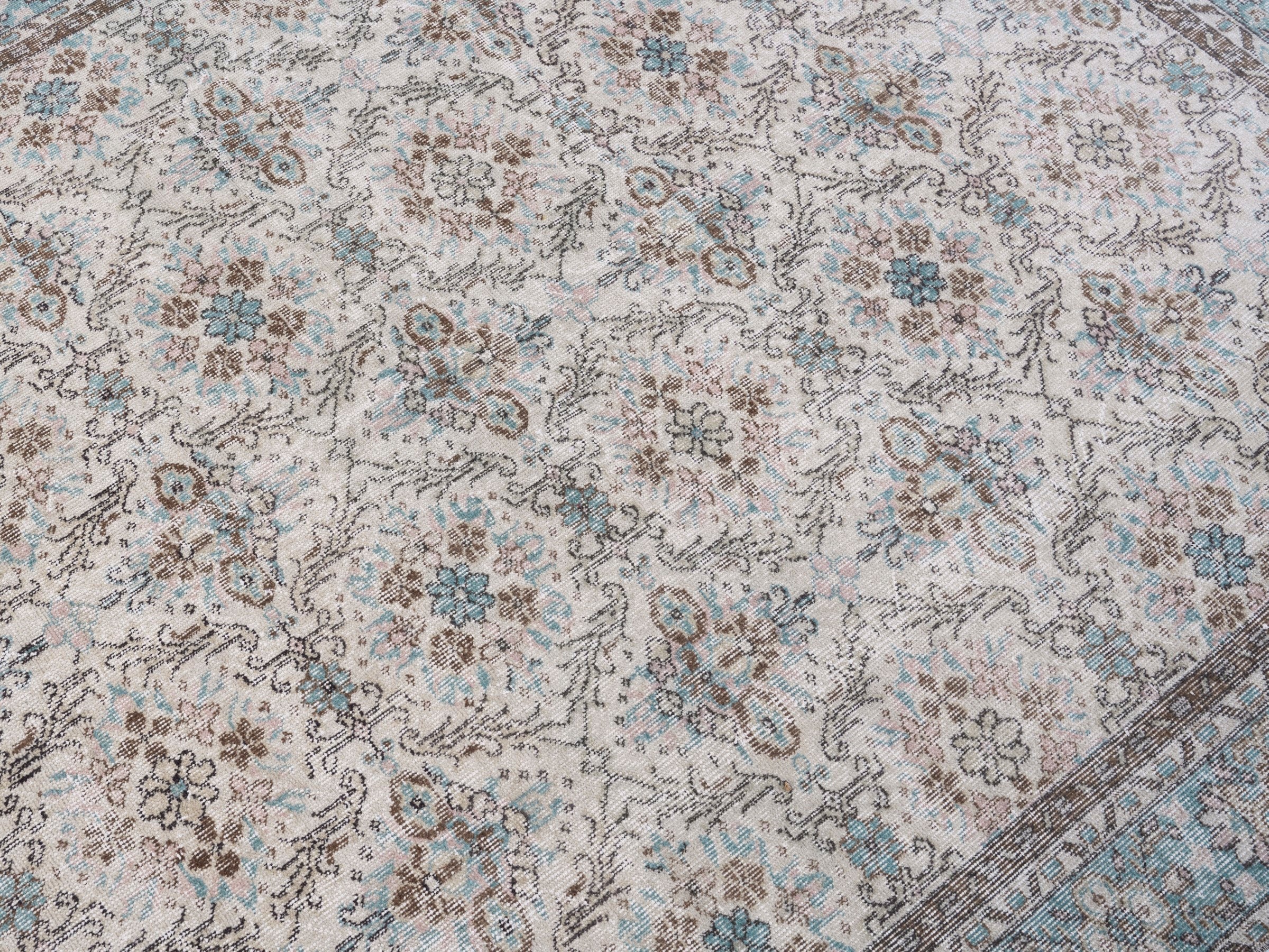 Turkish Isparta area rug in ivory and dusty blue, view 7 of 10