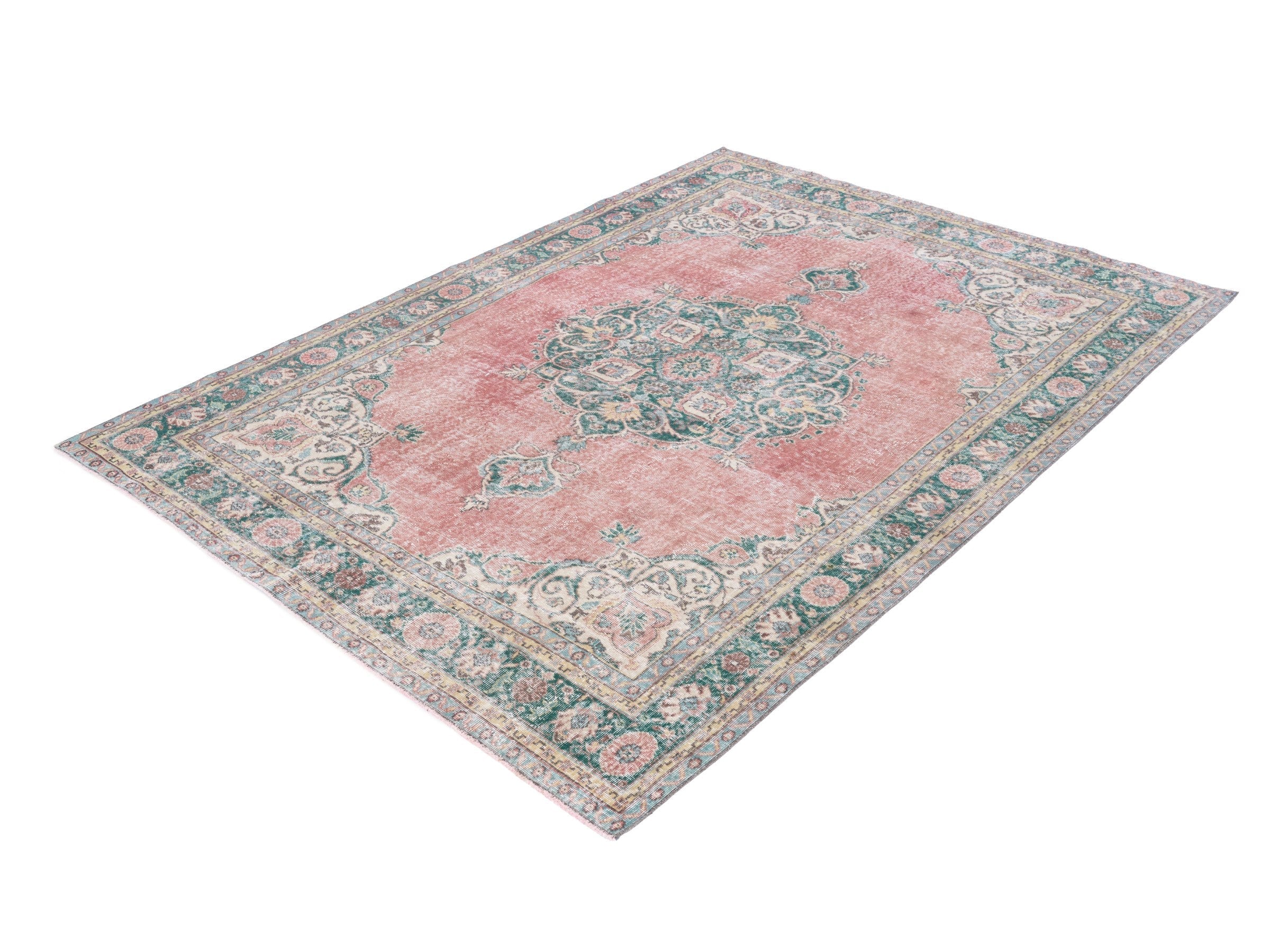 Turkish Isparta area rug in dusty rose and sage, view 3 of 10