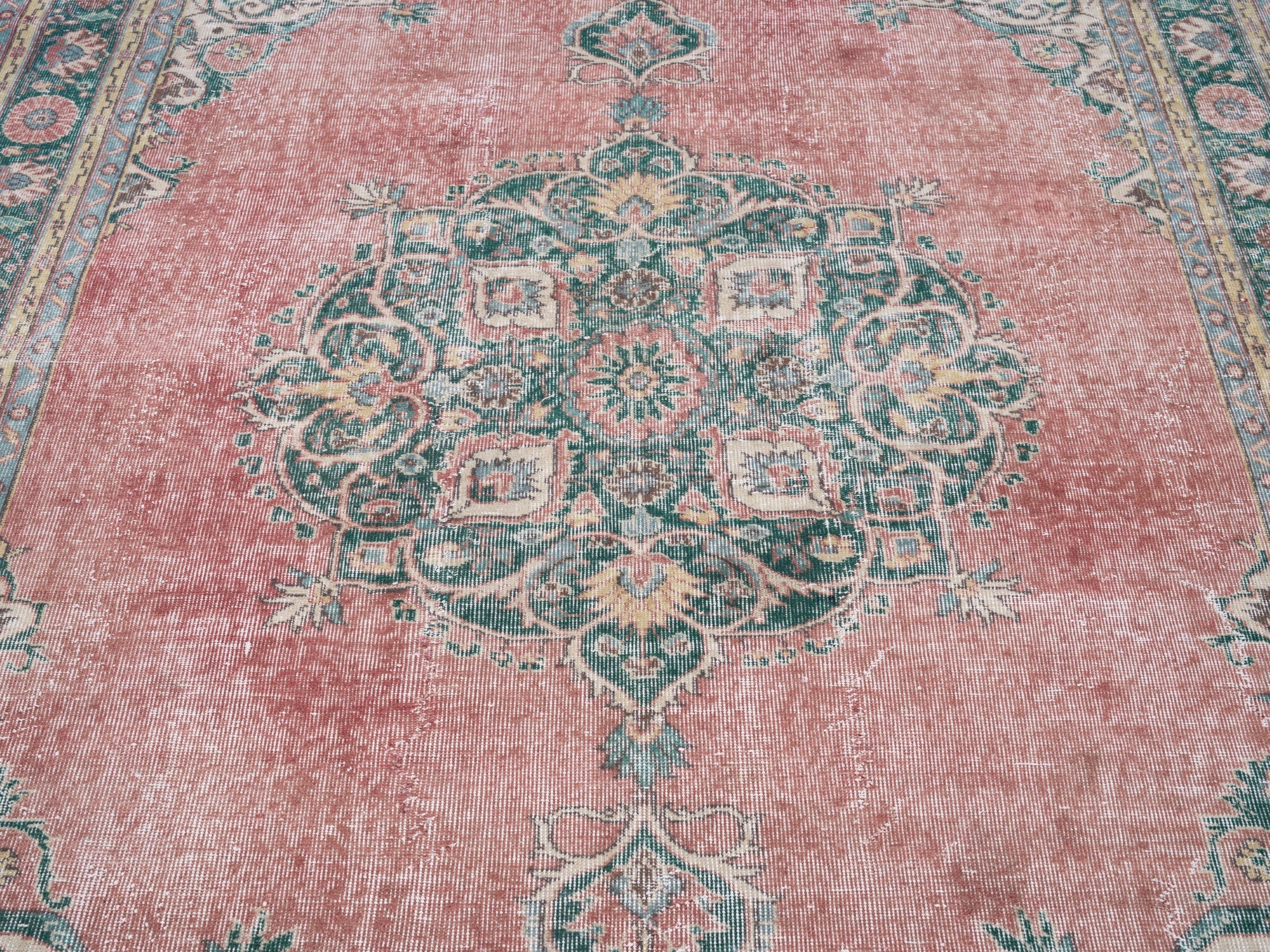 Turkish Isparta area rug in dusty rose and sage, view 4 of 10