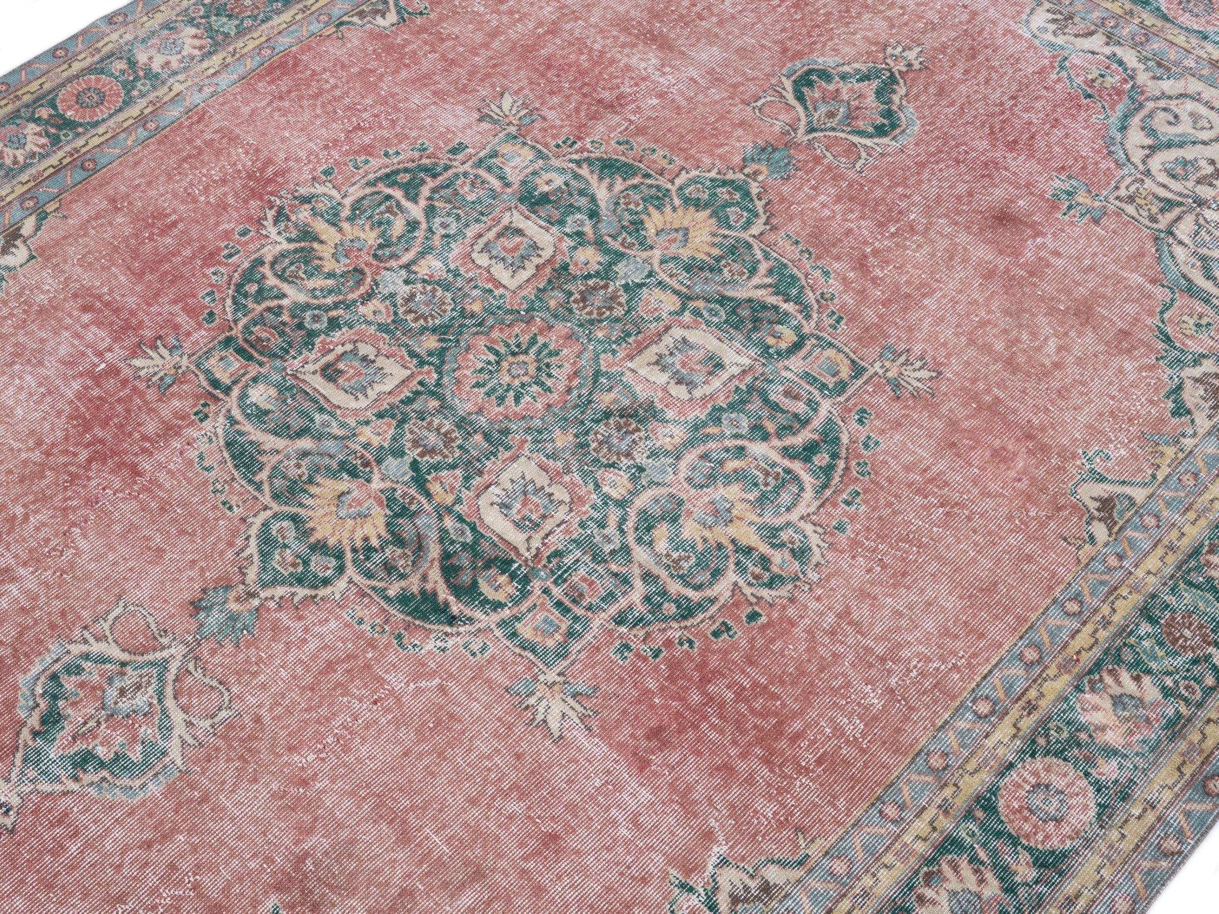 Turkish Isparta area rug in dusty rose and sage, view 5 of 10