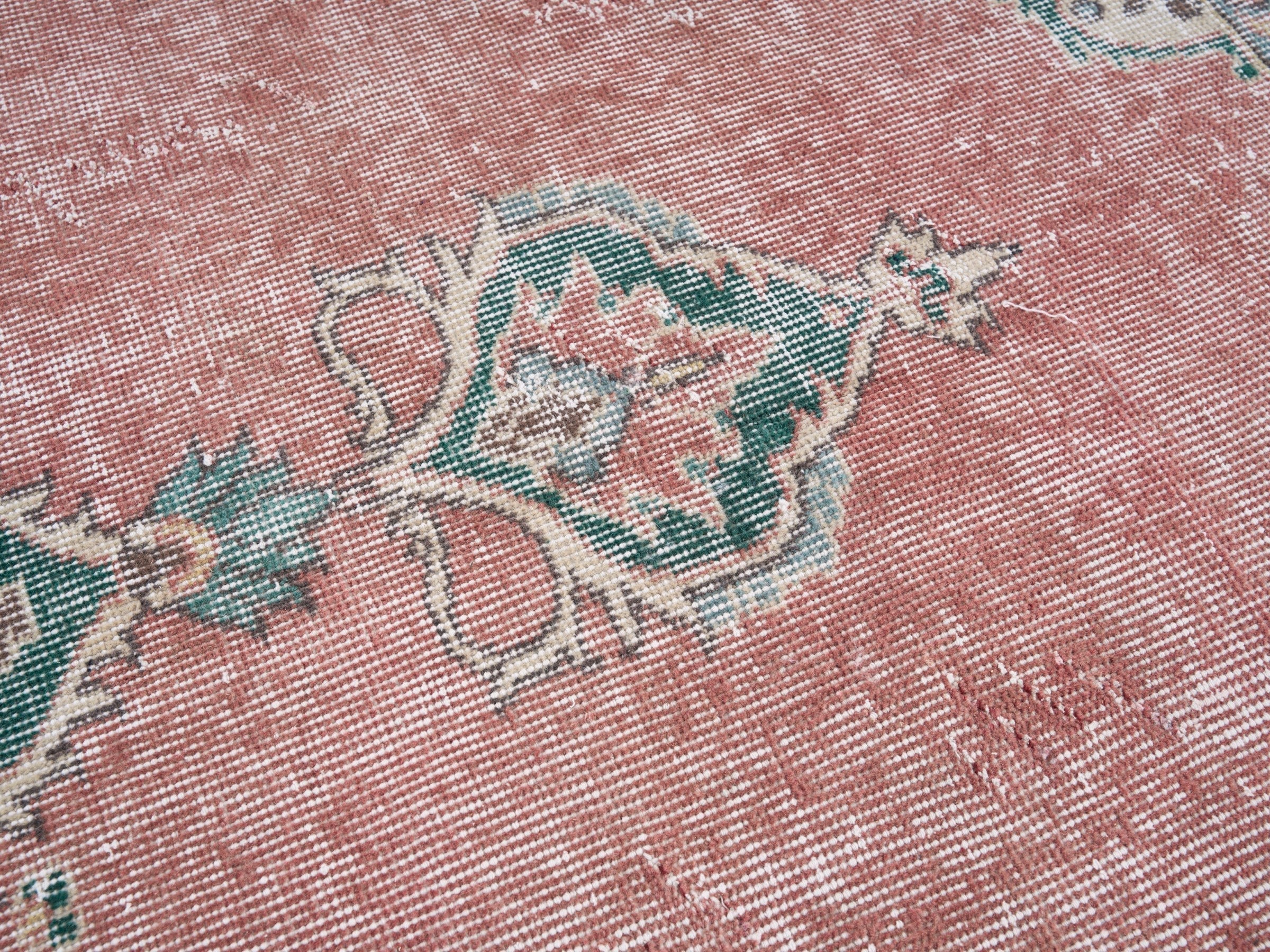 Turkish Isparta area rug in dusty rose and sage, view 7 of 10