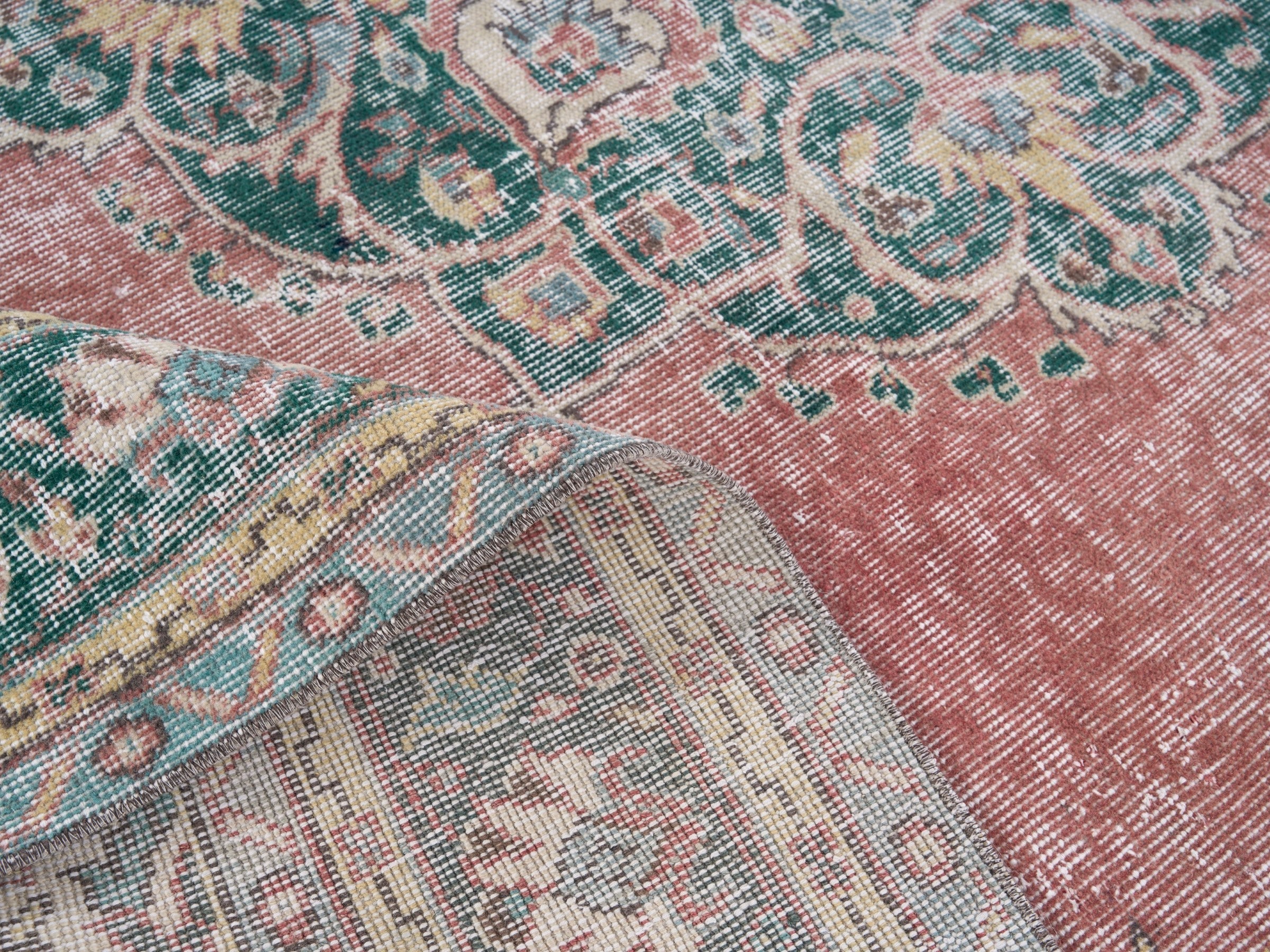 Turkish Isparta area rug in dusty rose and sage, view 9 of 10