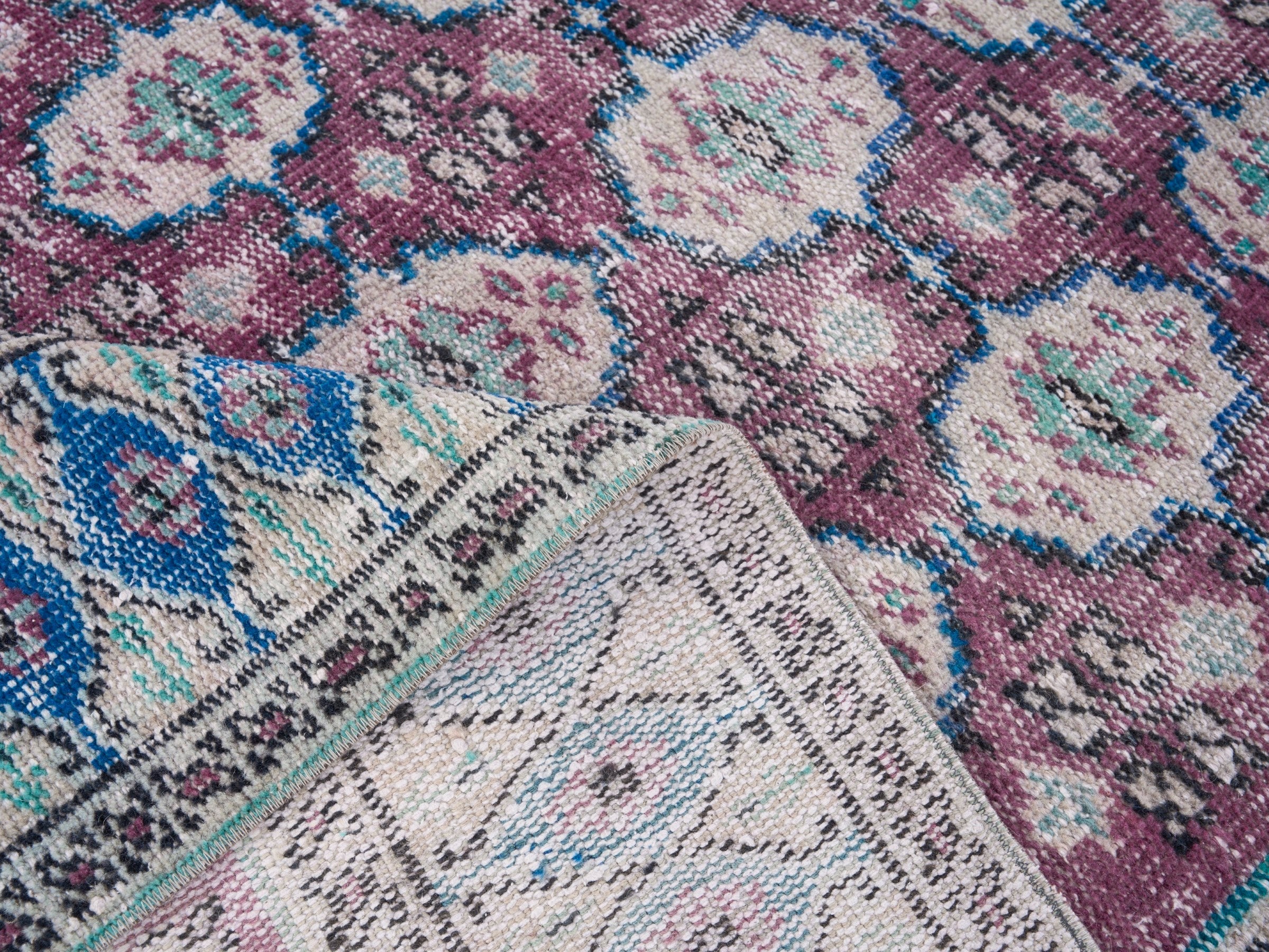 Turkish Manisa area rug in burgundy and navy, view 9 of 10