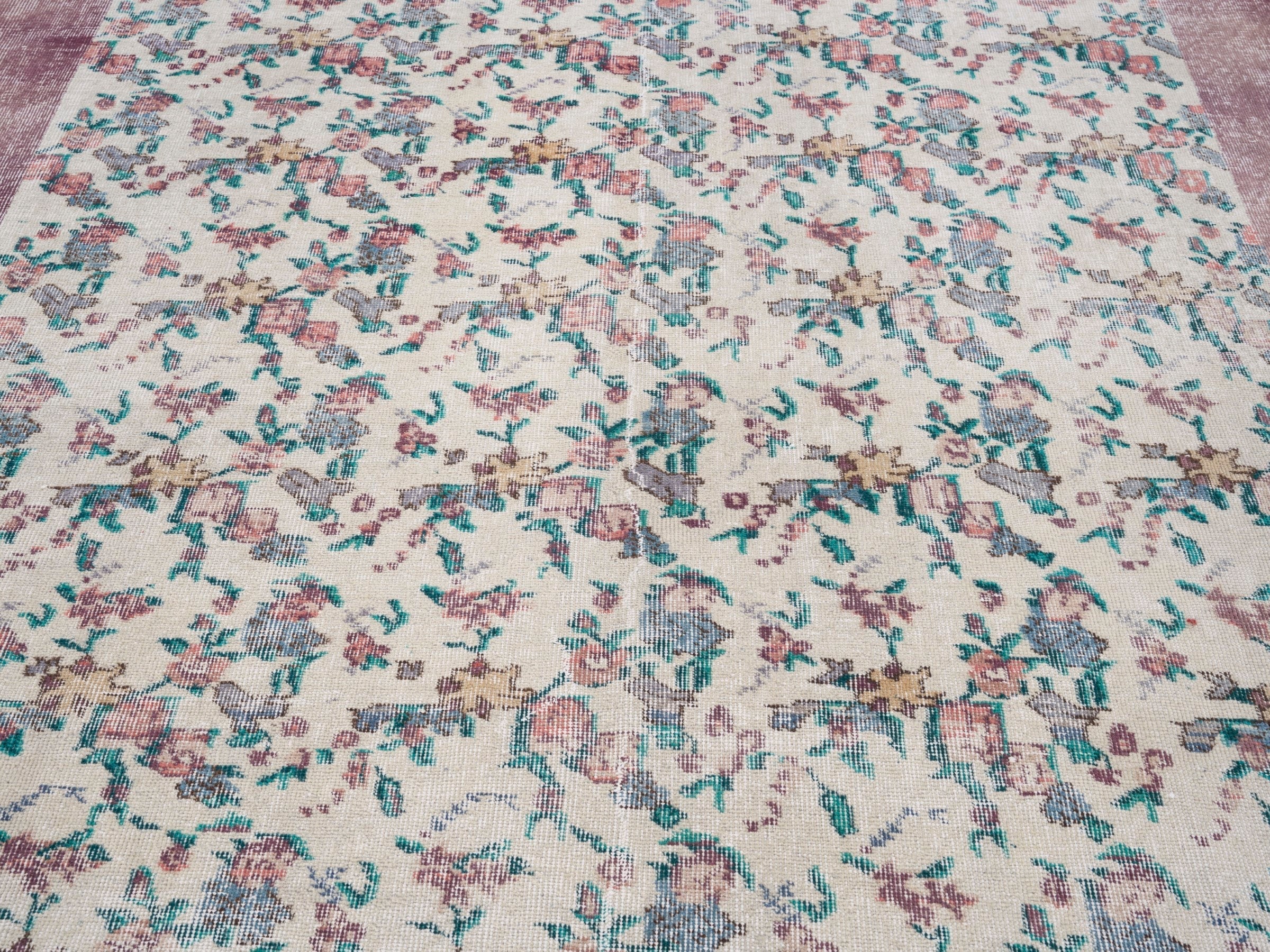 Turkish Isparta area rug in cream and dusty rose, view 4 of 10