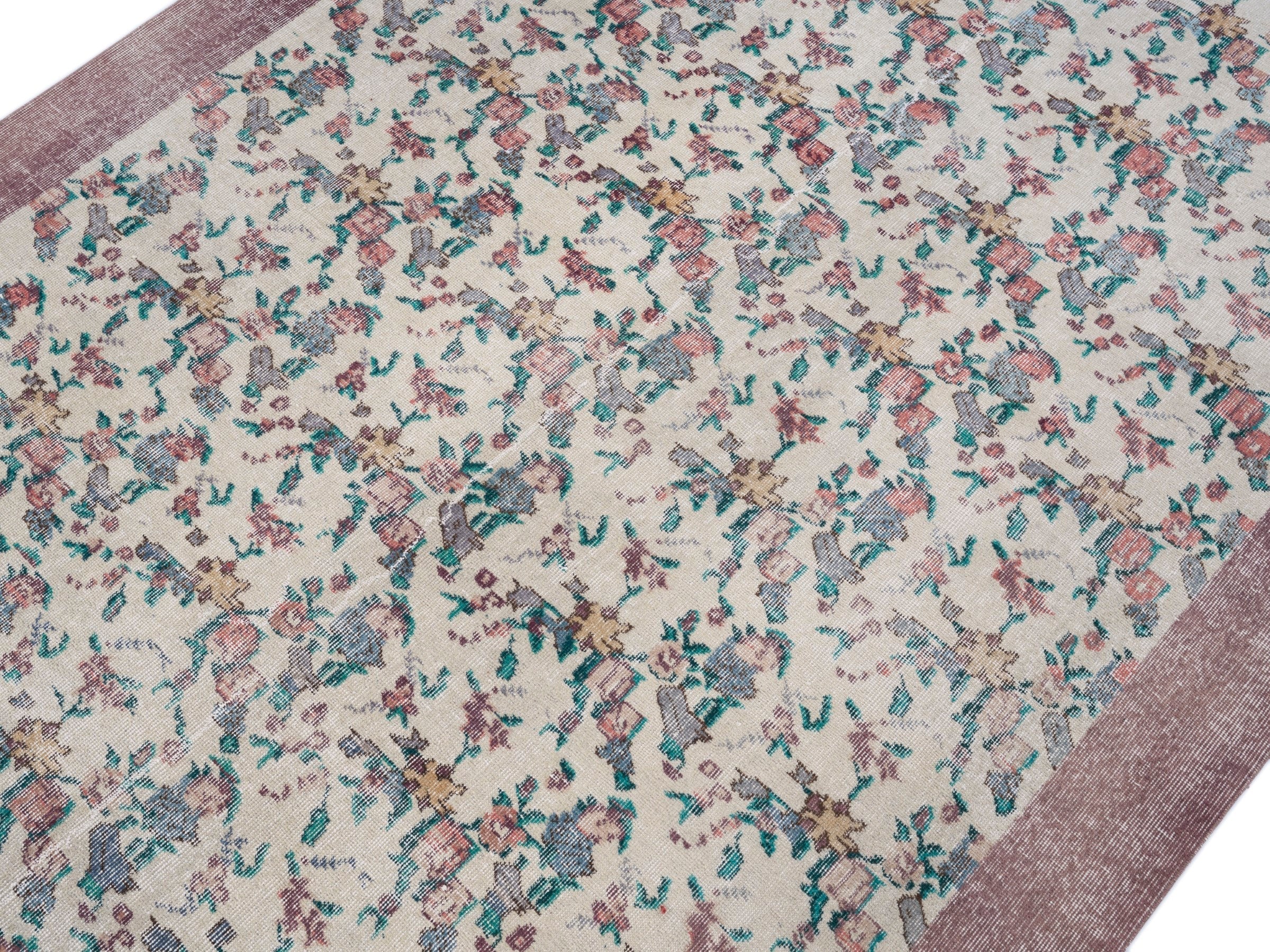Turkish Isparta area rug in cream and dusty rose, view 5 of 10
