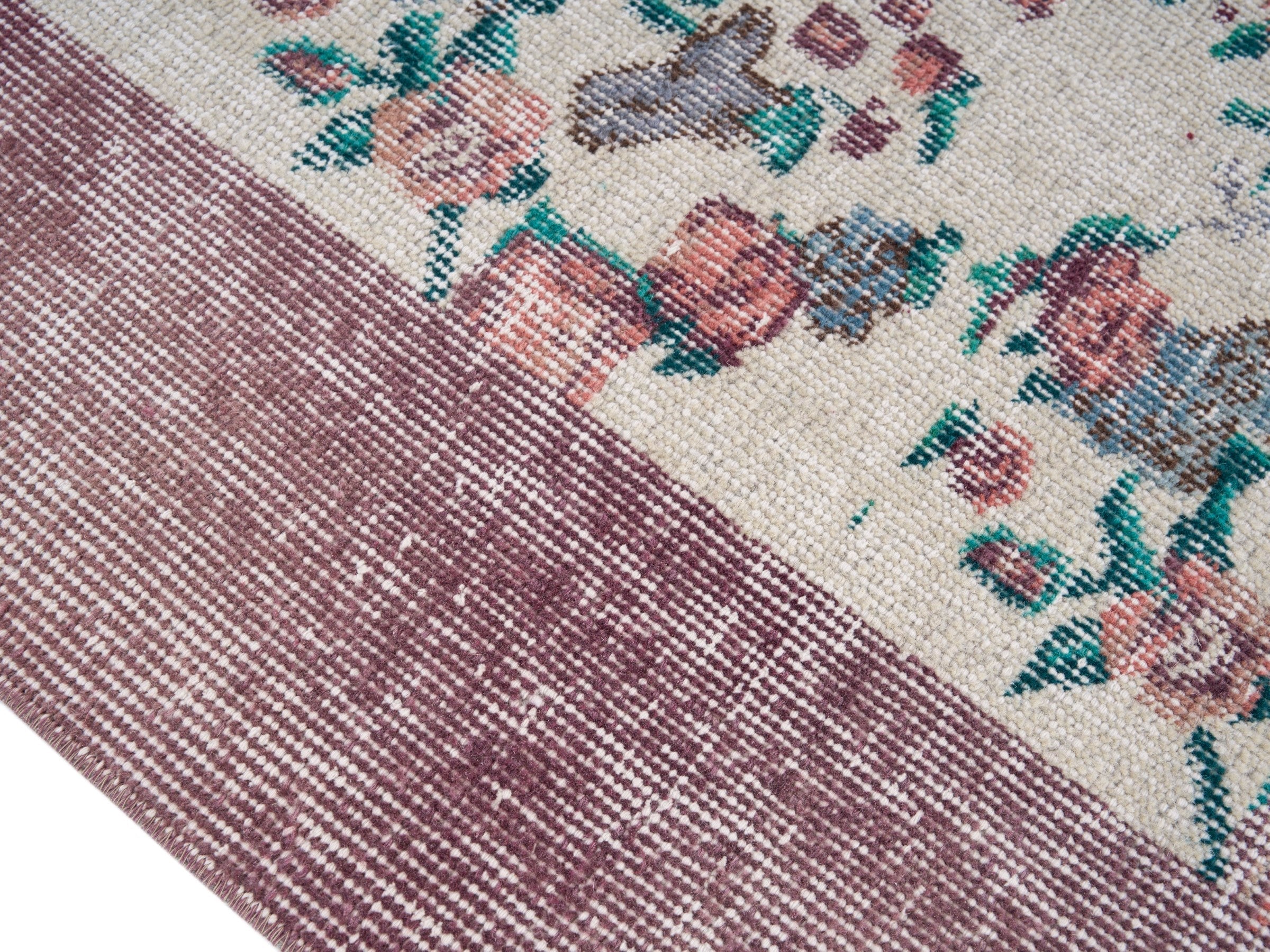 Turkish Isparta area rug in cream and dusty rose, view 6 of 10