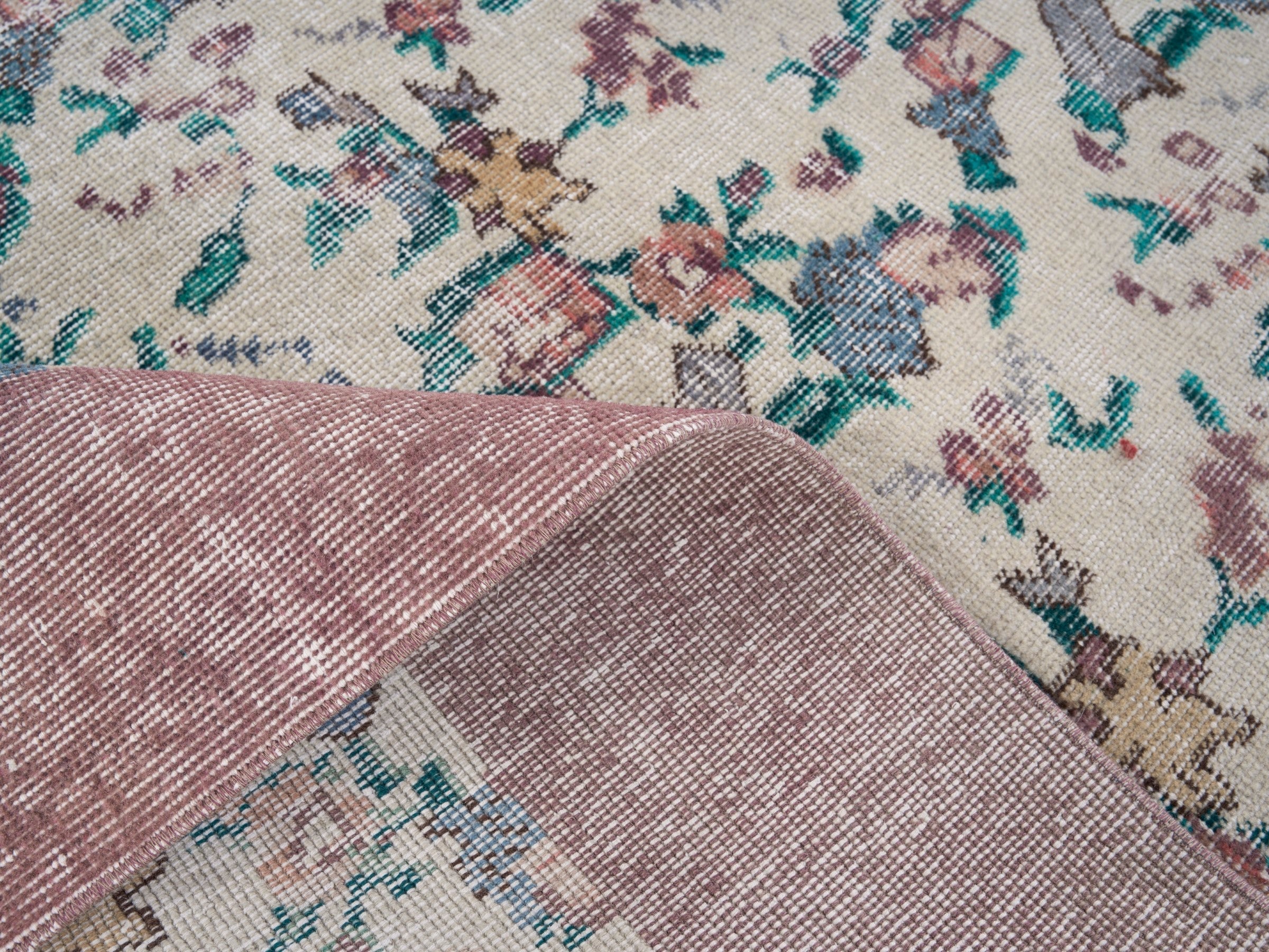 Turkish Isparta area rug in cream and dusty rose, view 9 of 10