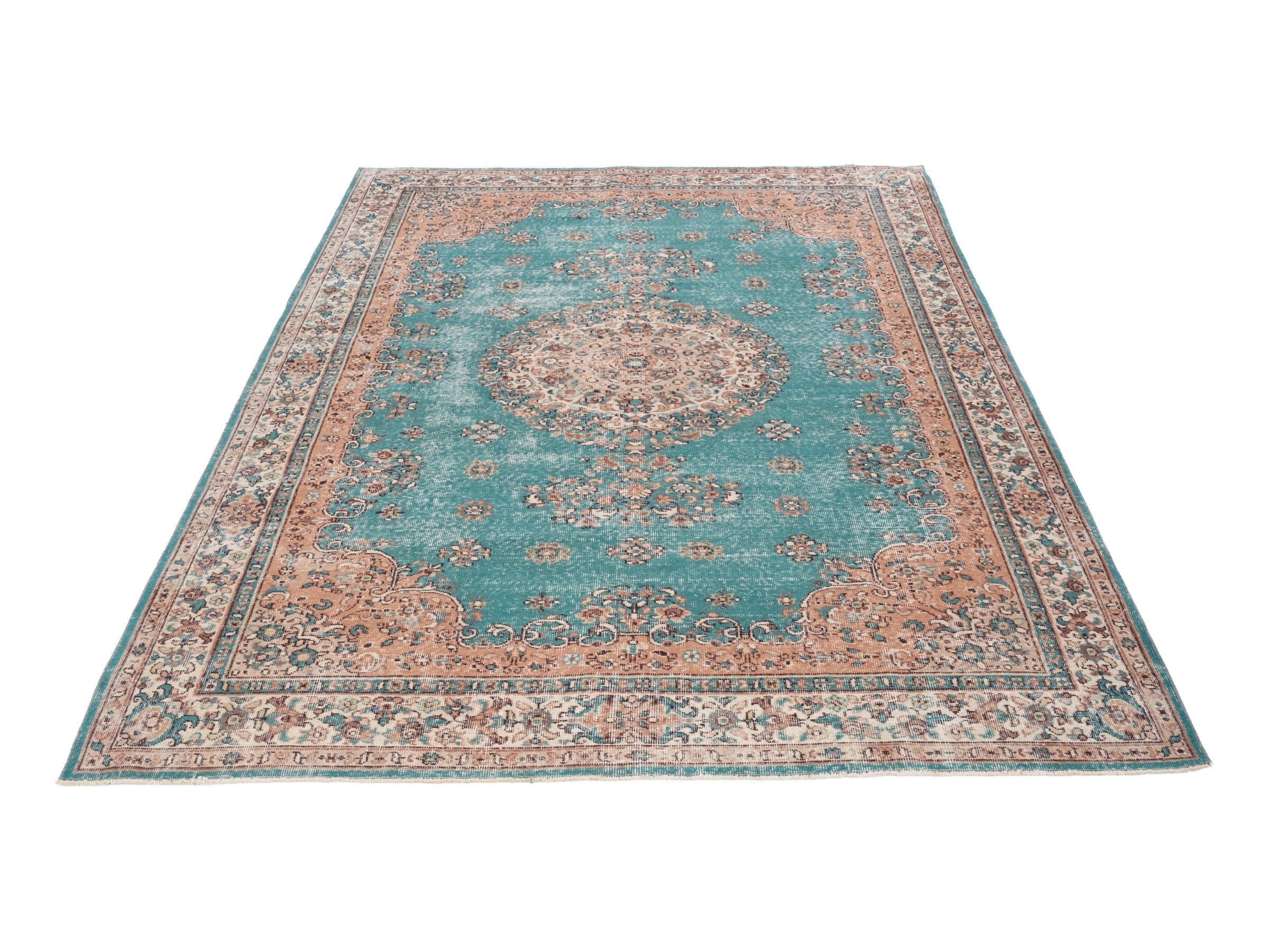 Turkish Isparta area rug in teal and terracotta, view 2 of 10