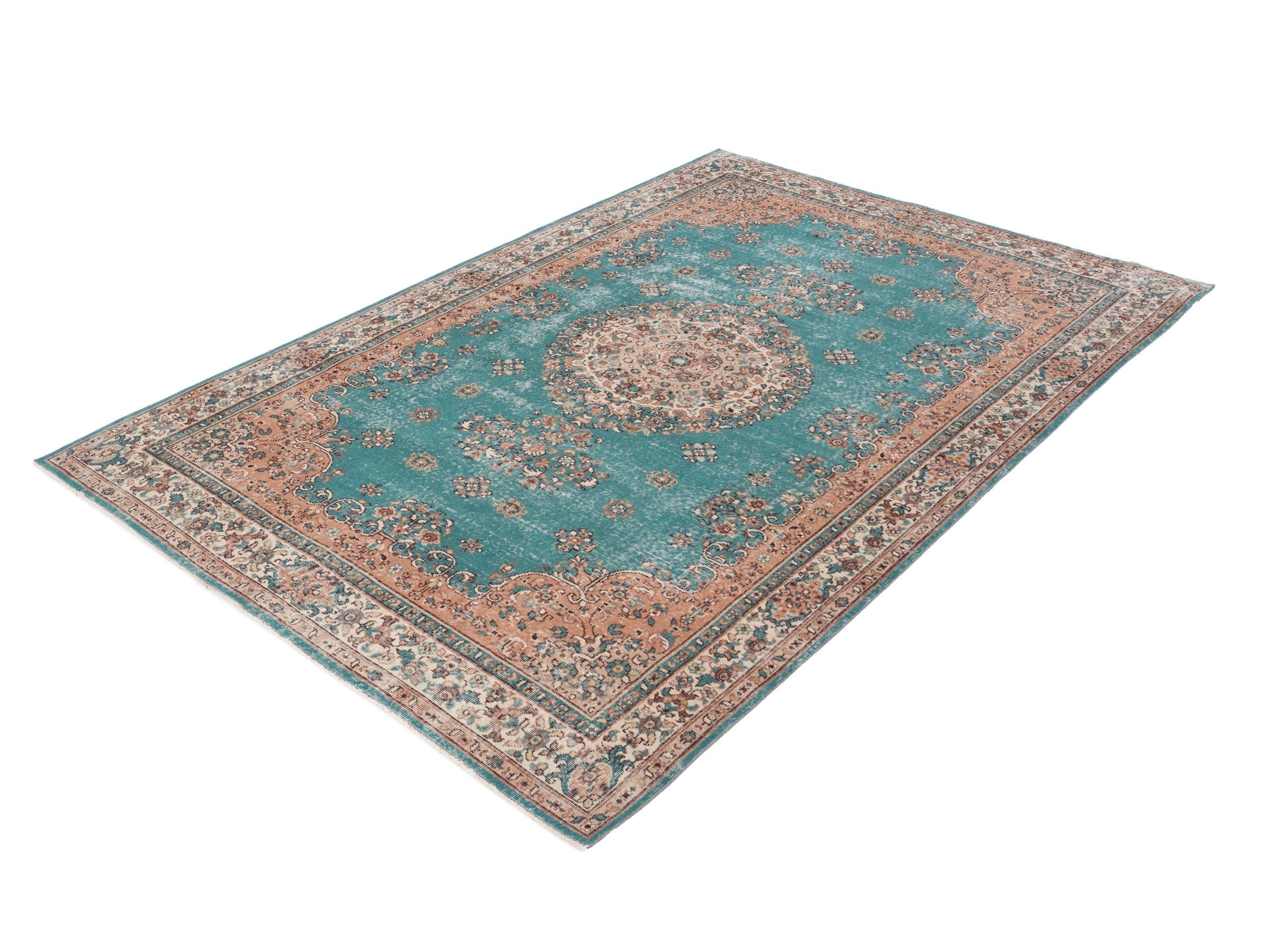 Turkish Isparta area rug in teal and terracotta, view 3 of 10