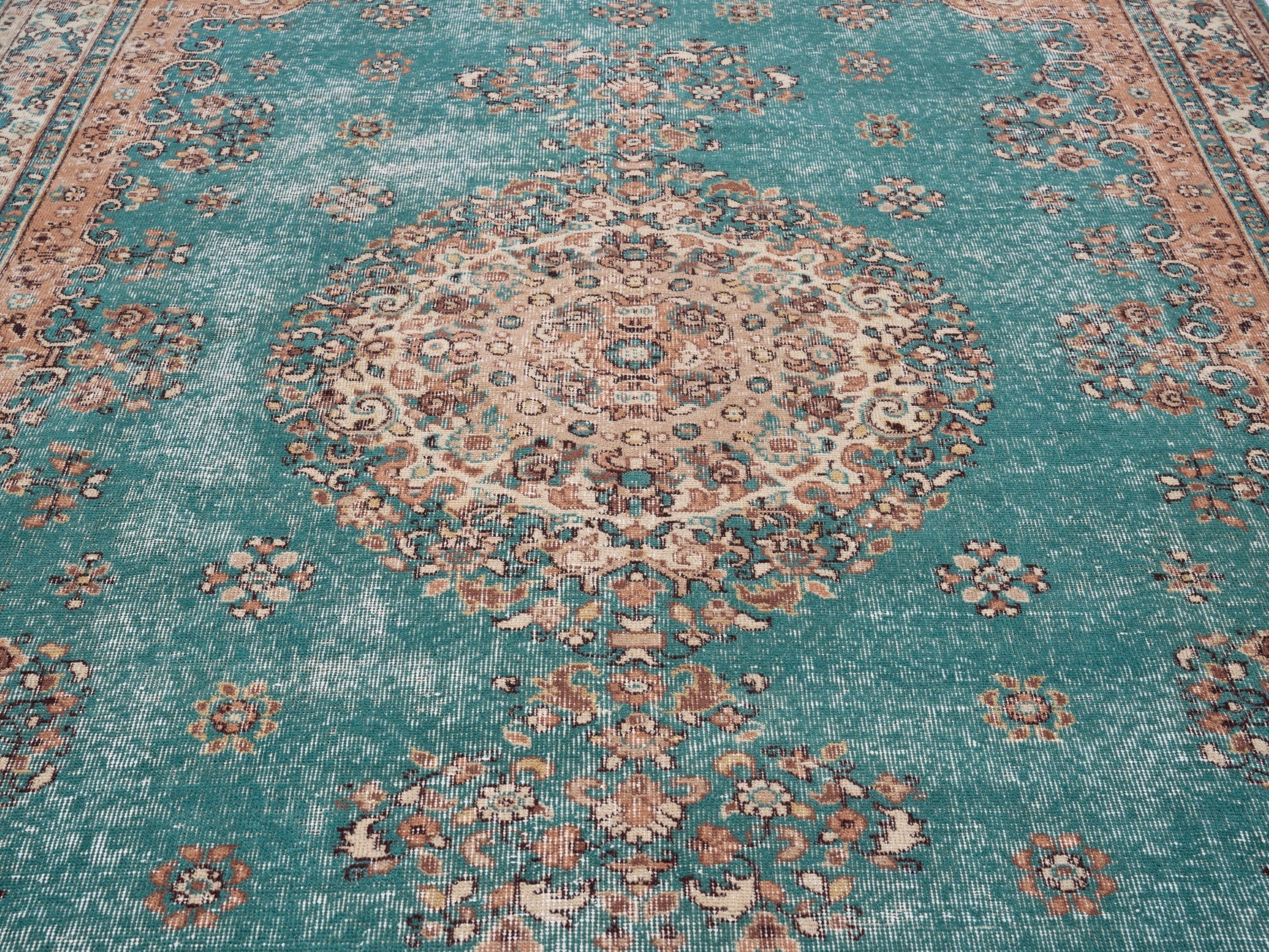 Turkish Isparta area rug in teal and terracotta, view 4 of 10