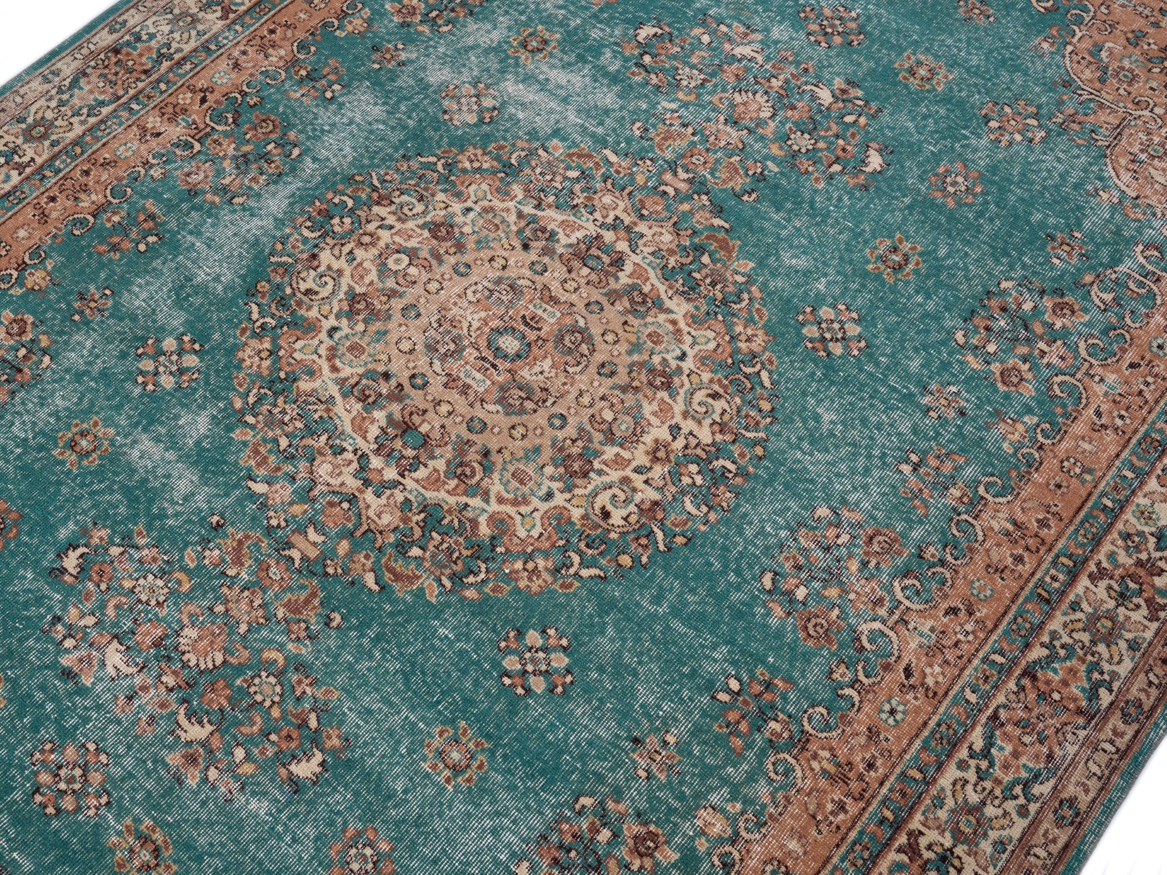 Turkish Isparta area rug in teal and terracotta, view 5 of 10