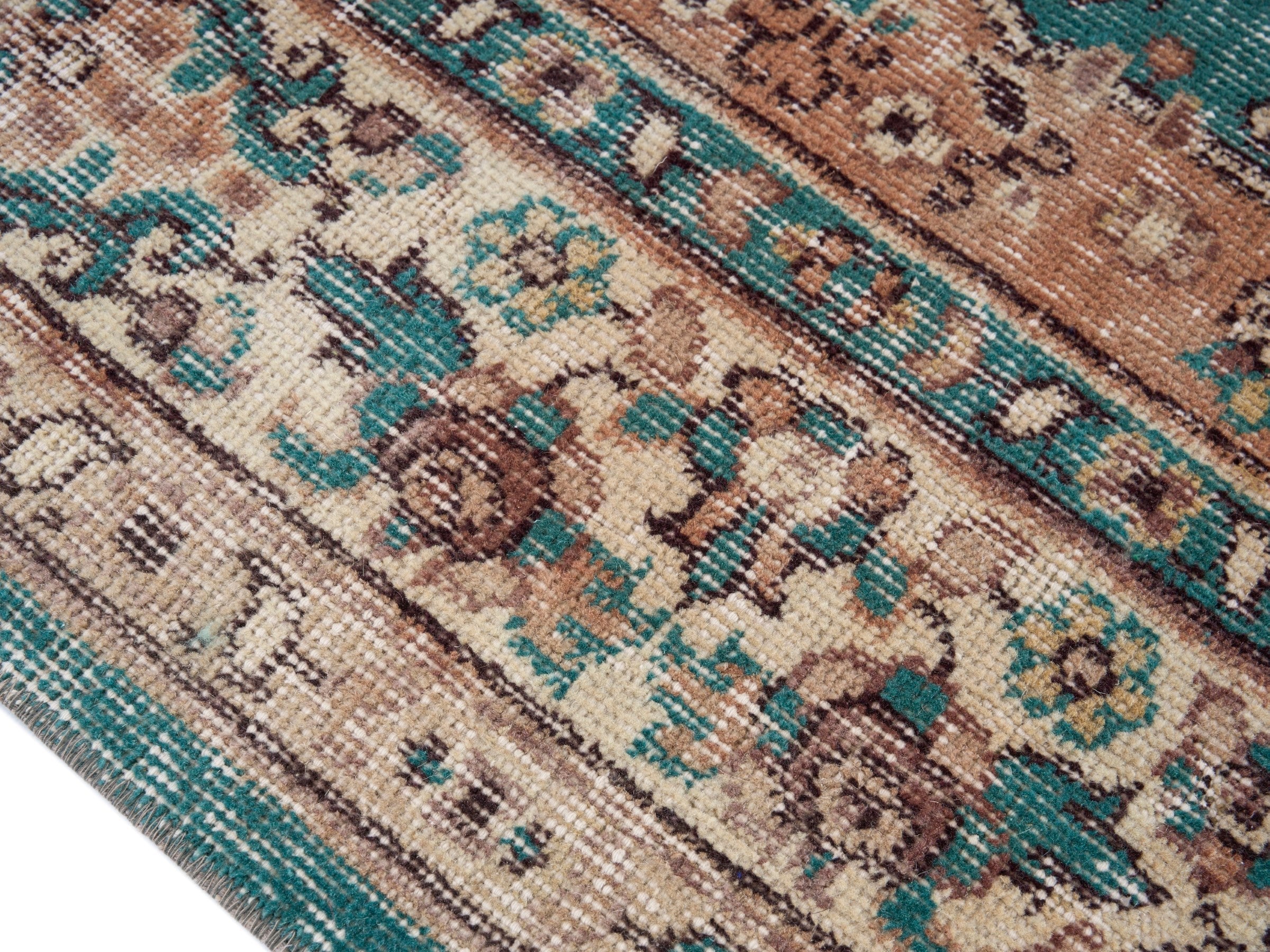 Turkish Isparta area rug in teal and terracotta, view 6 of 10