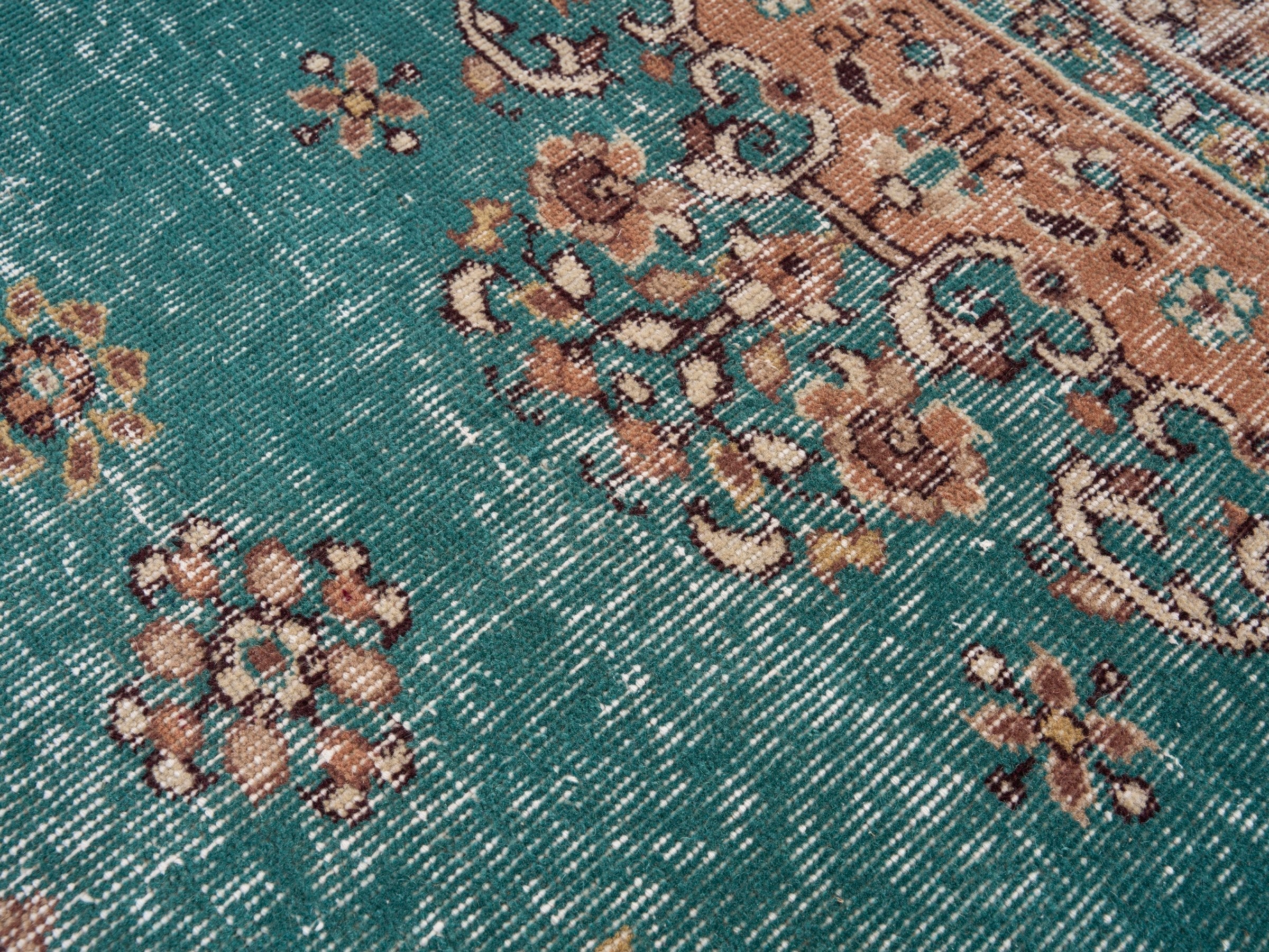 Turkish Isparta area rug in teal and terracotta, view 7 of 10