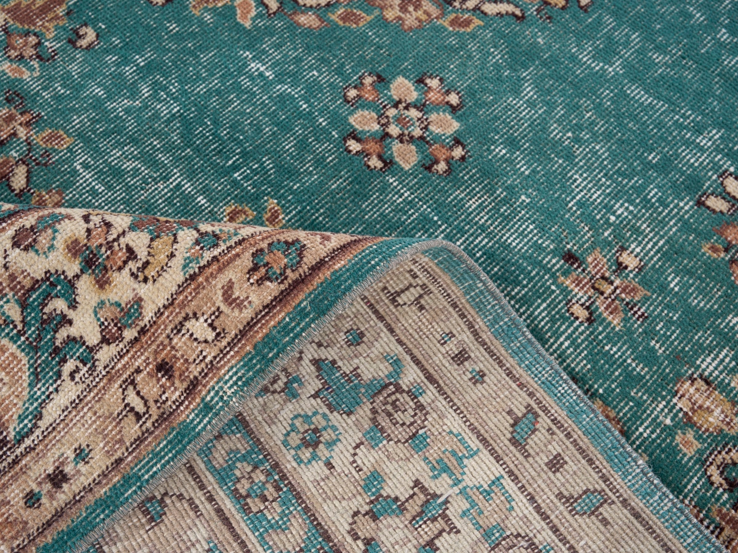 Turkish Isparta area rug in teal and terracotta, view 9 of 10