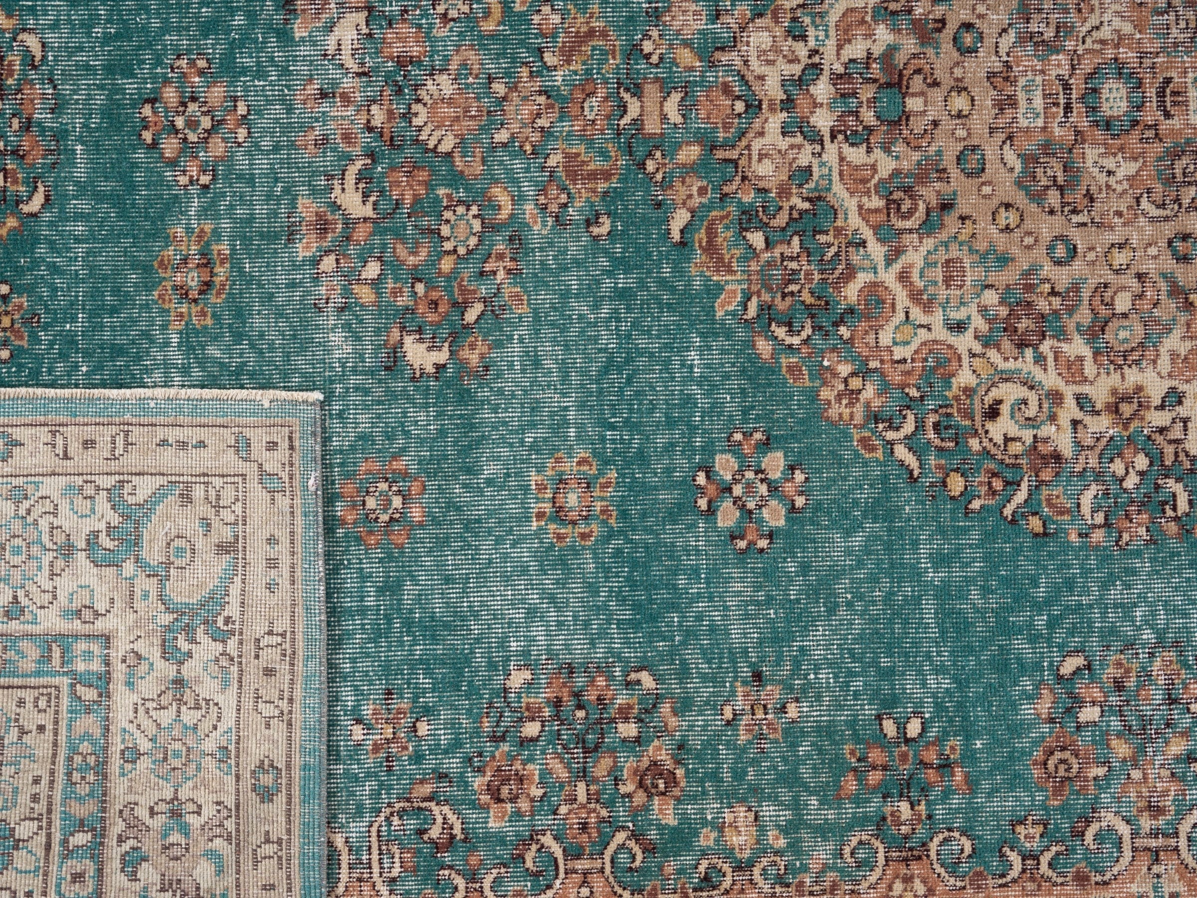 Turkish Isparta area rug in teal and terracotta, view 10 of 10