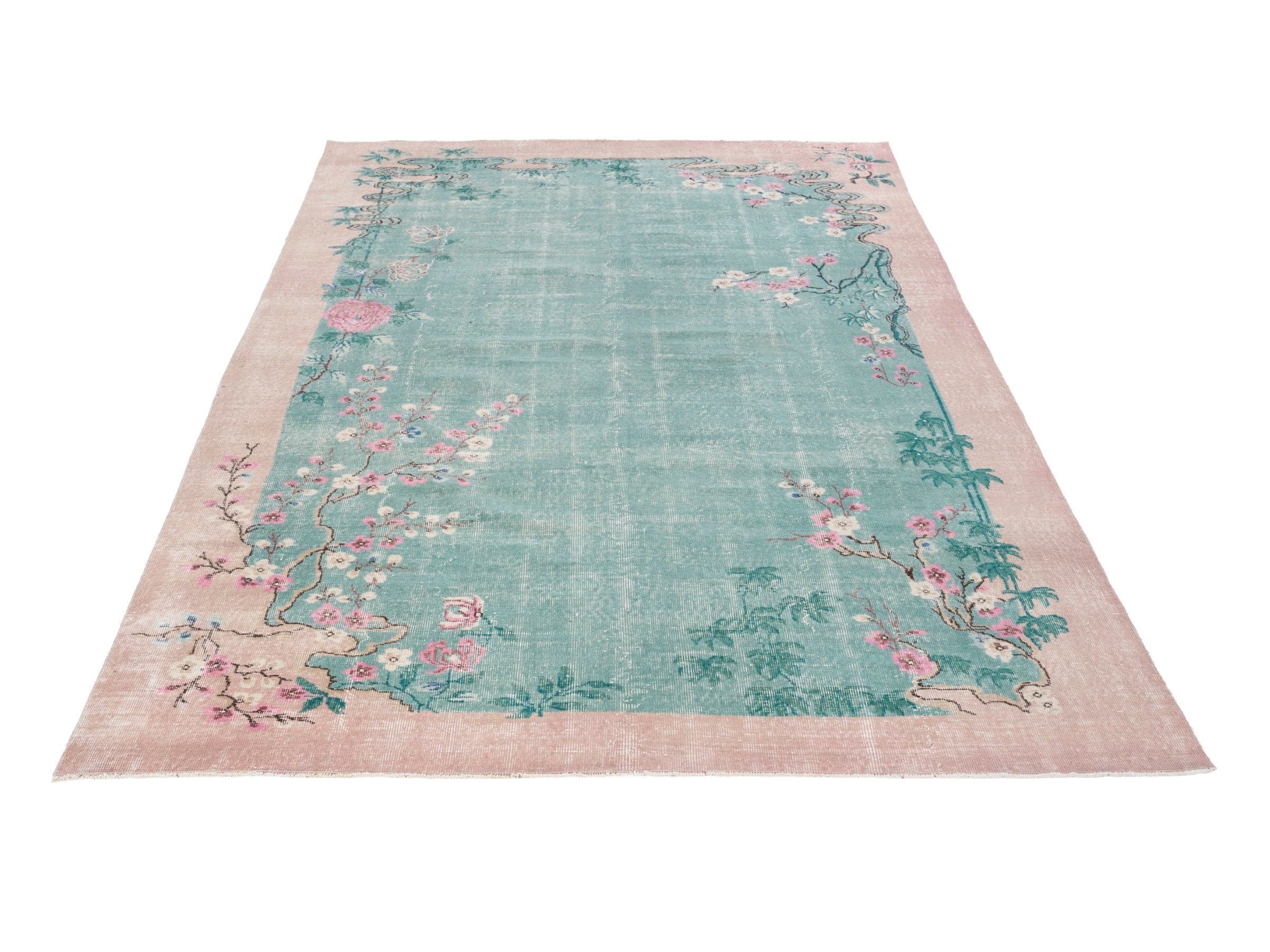 Turkish Isparta area rug in teal and muted pink, view 2 of 10