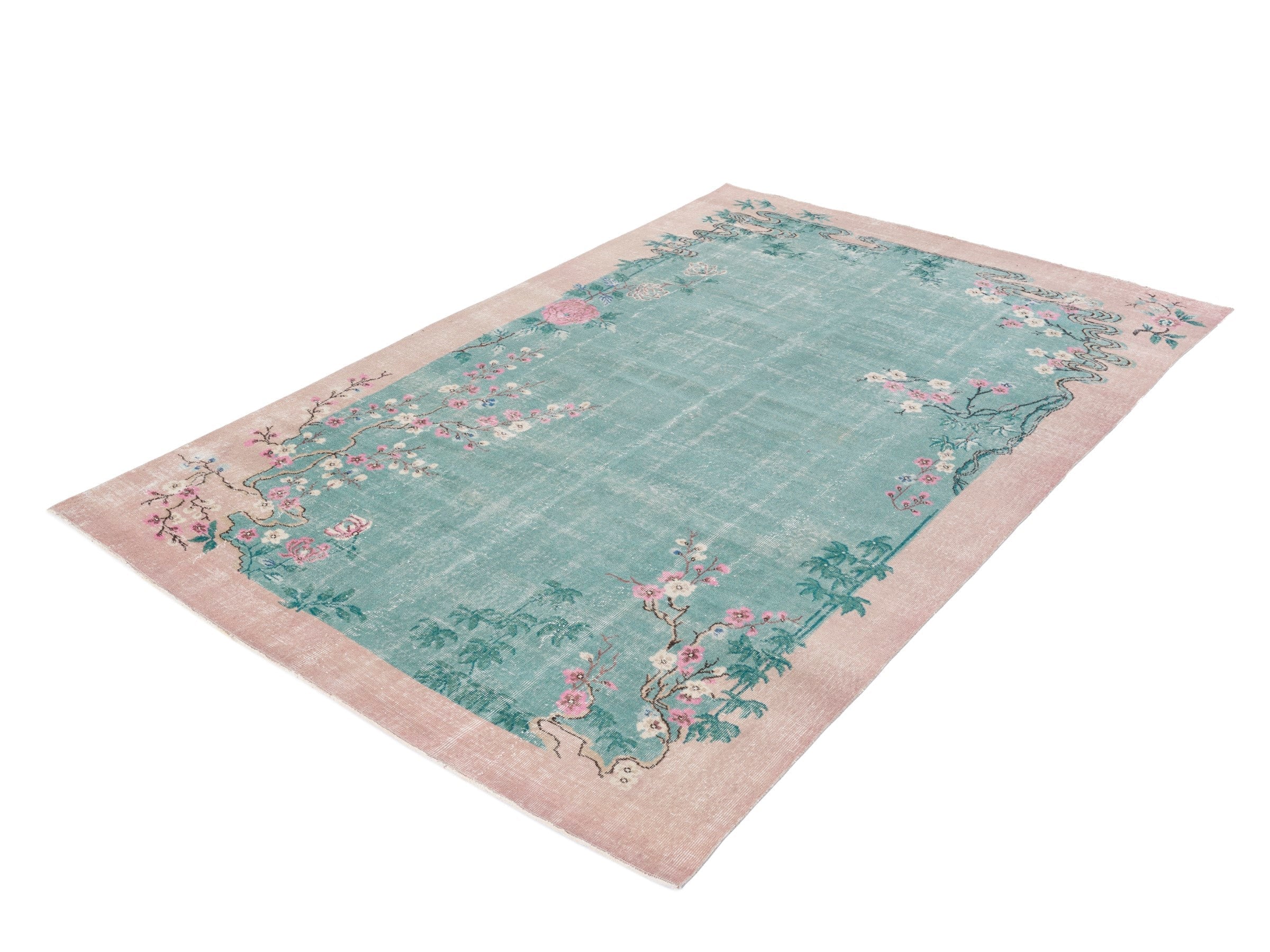 Turkish Isparta area rug in teal and muted pink, view 3 of 10