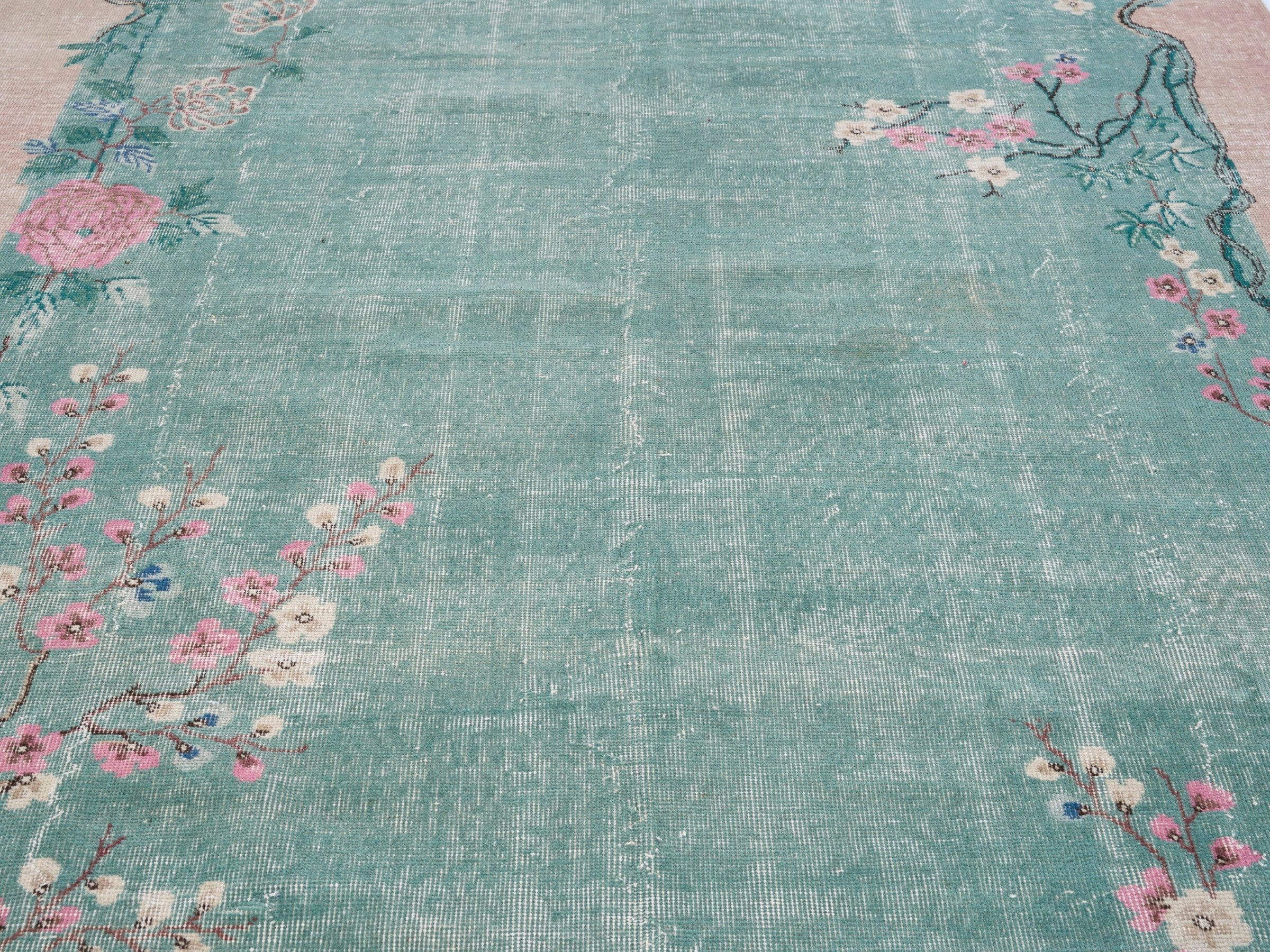 Turkish Isparta area rug in teal and muted pink, view 4 of 10