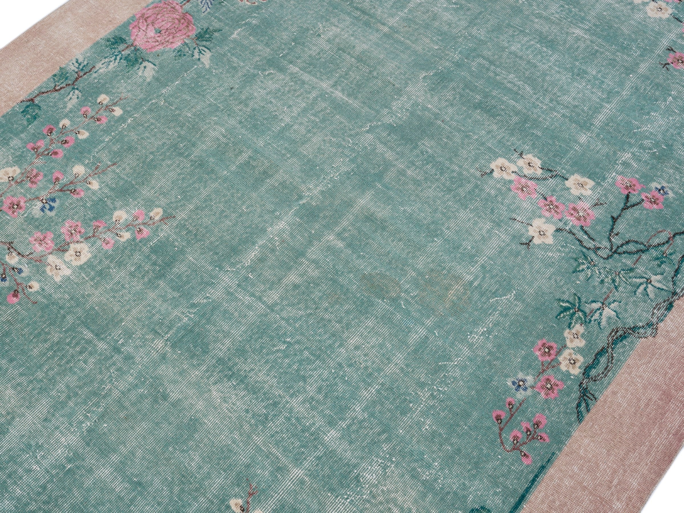 Turkish Isparta area rug in teal and muted pink, view 5 of 10