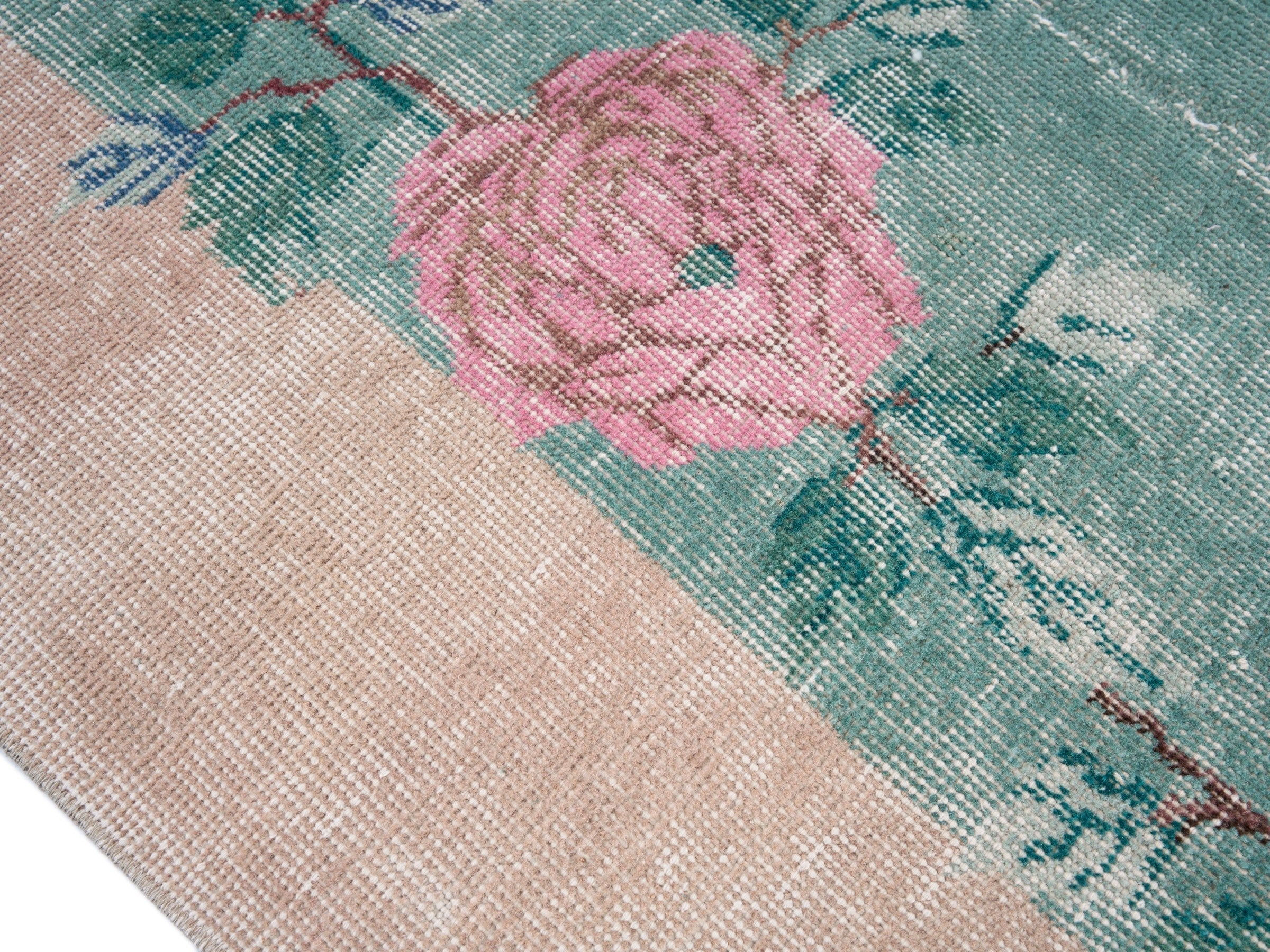 Turkish Isparta area rug in teal and muted pink, view 6 of 10