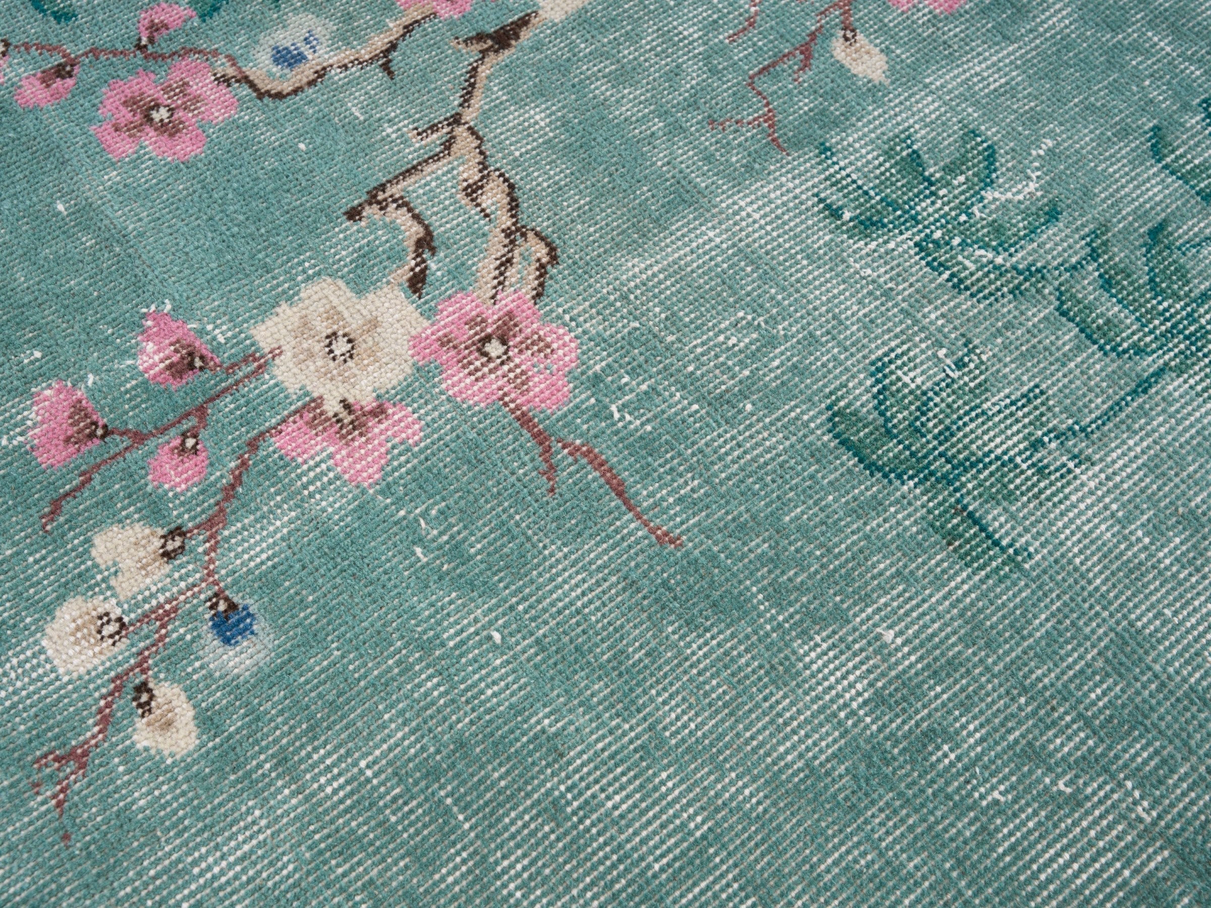 Turkish Isparta area rug in teal and muted pink, view 7 of 10