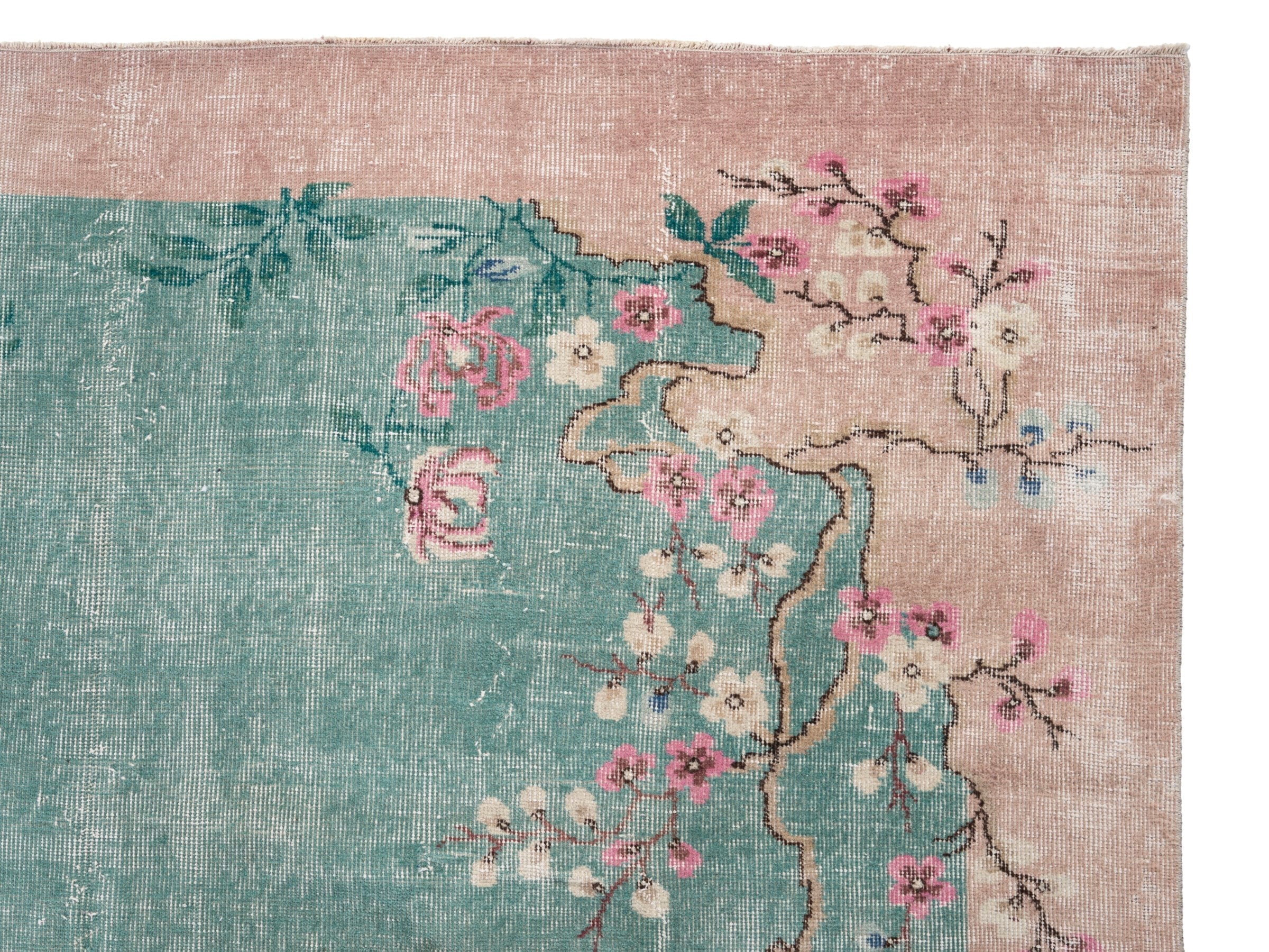 Turkish Isparta area rug in teal and muted pink, view 8 of 10
