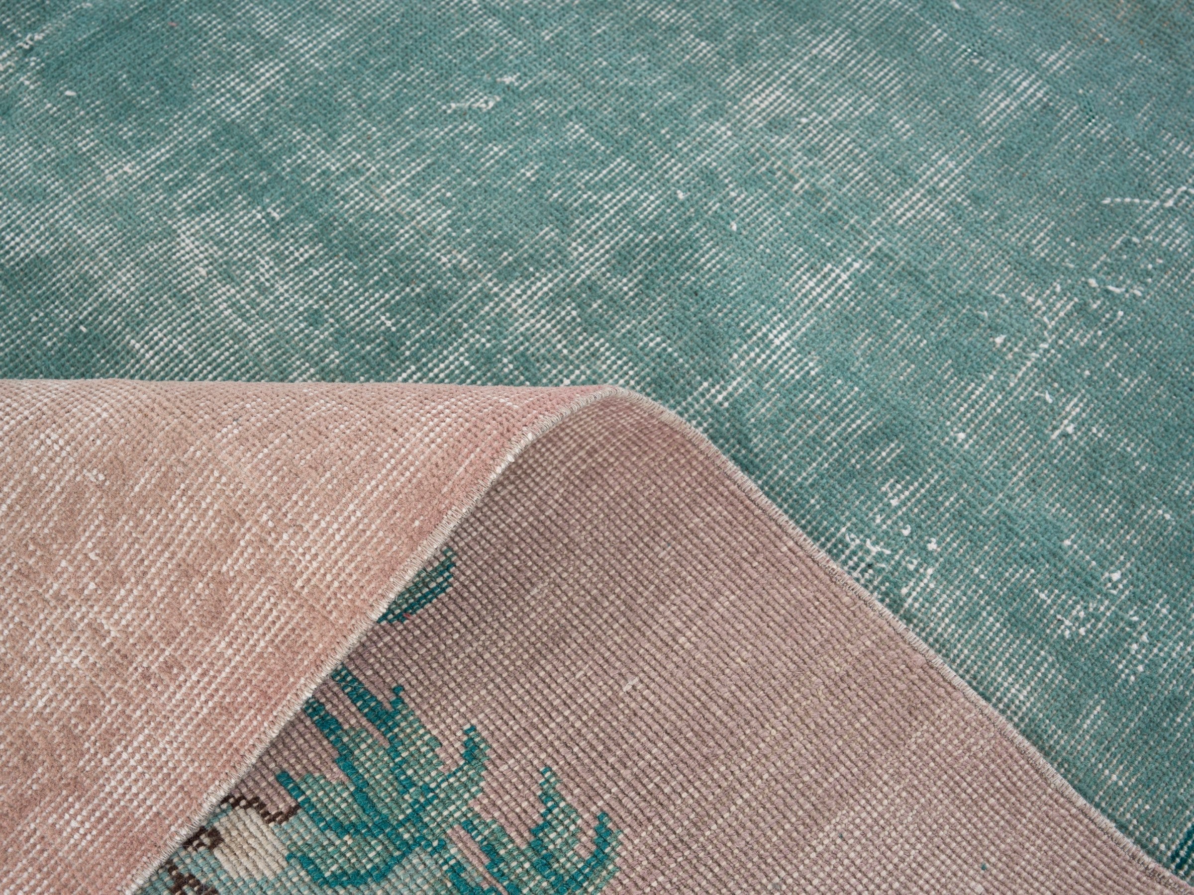 Turkish Isparta area rug in teal and muted pink, view 9 of 10