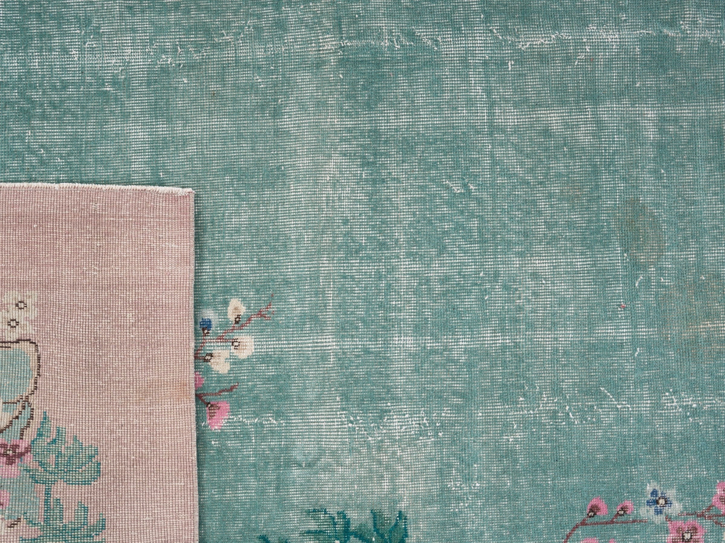 Turkish Isparta area rug in teal and muted pink, view 10 of 10