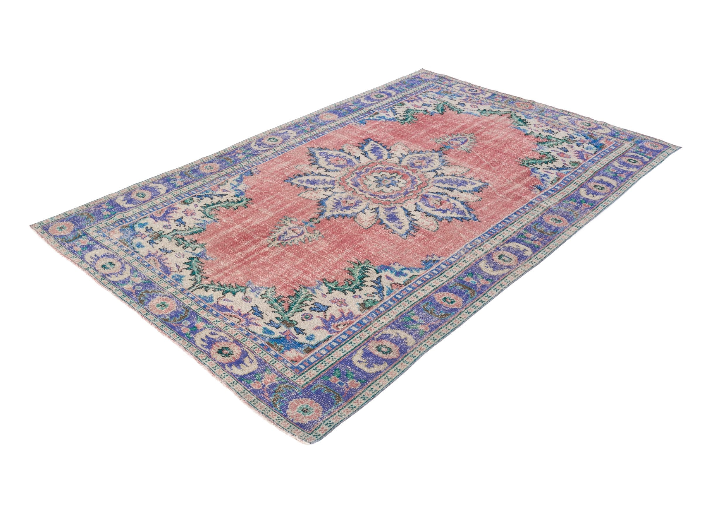 Turkish Manisa area rug in rose and denim, view 3 of 10