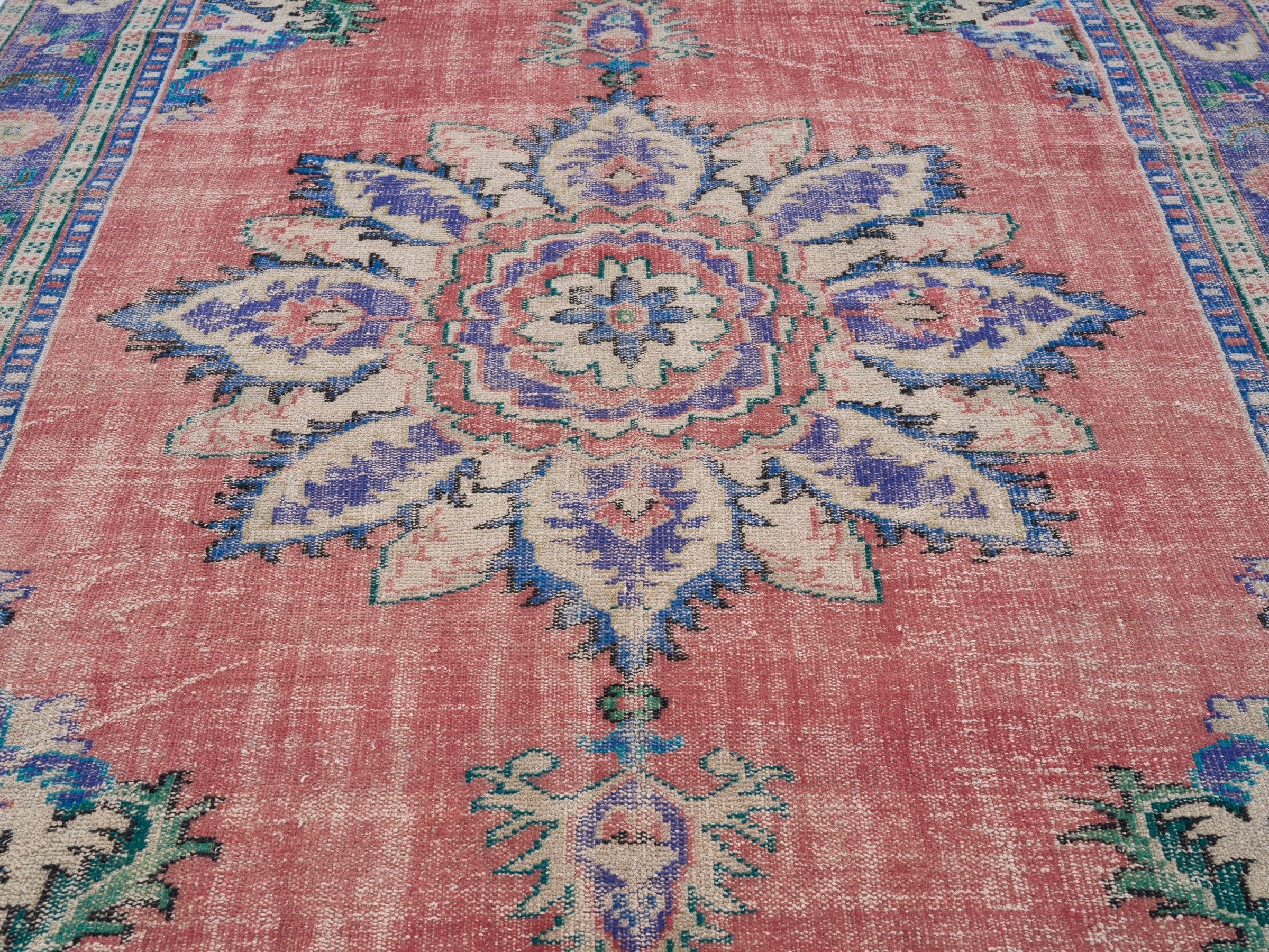 Turkish Manisa area rug in rose and denim, view 4 of 10