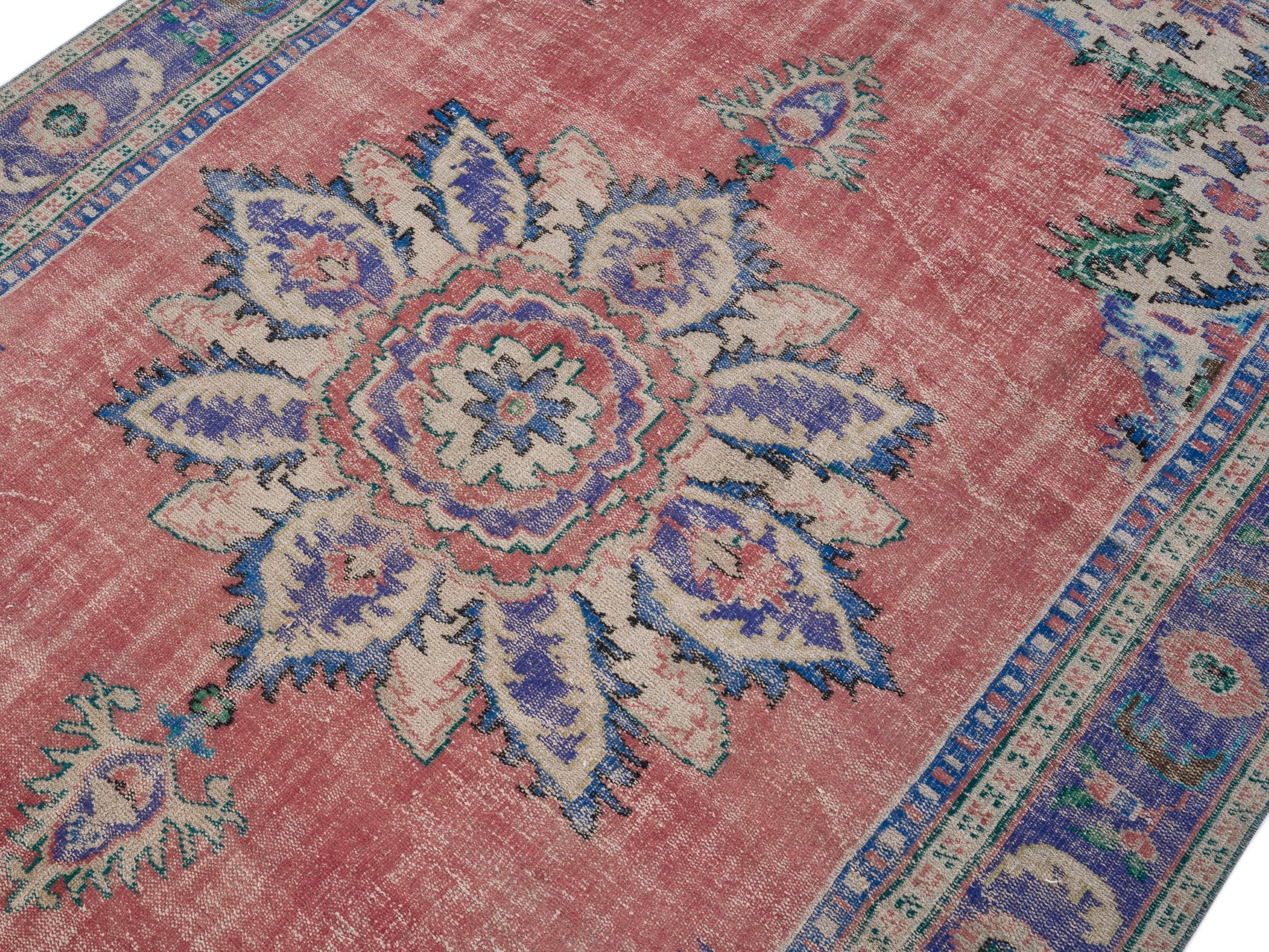 Turkish Manisa area rug in rose and denim, view 5 of 10